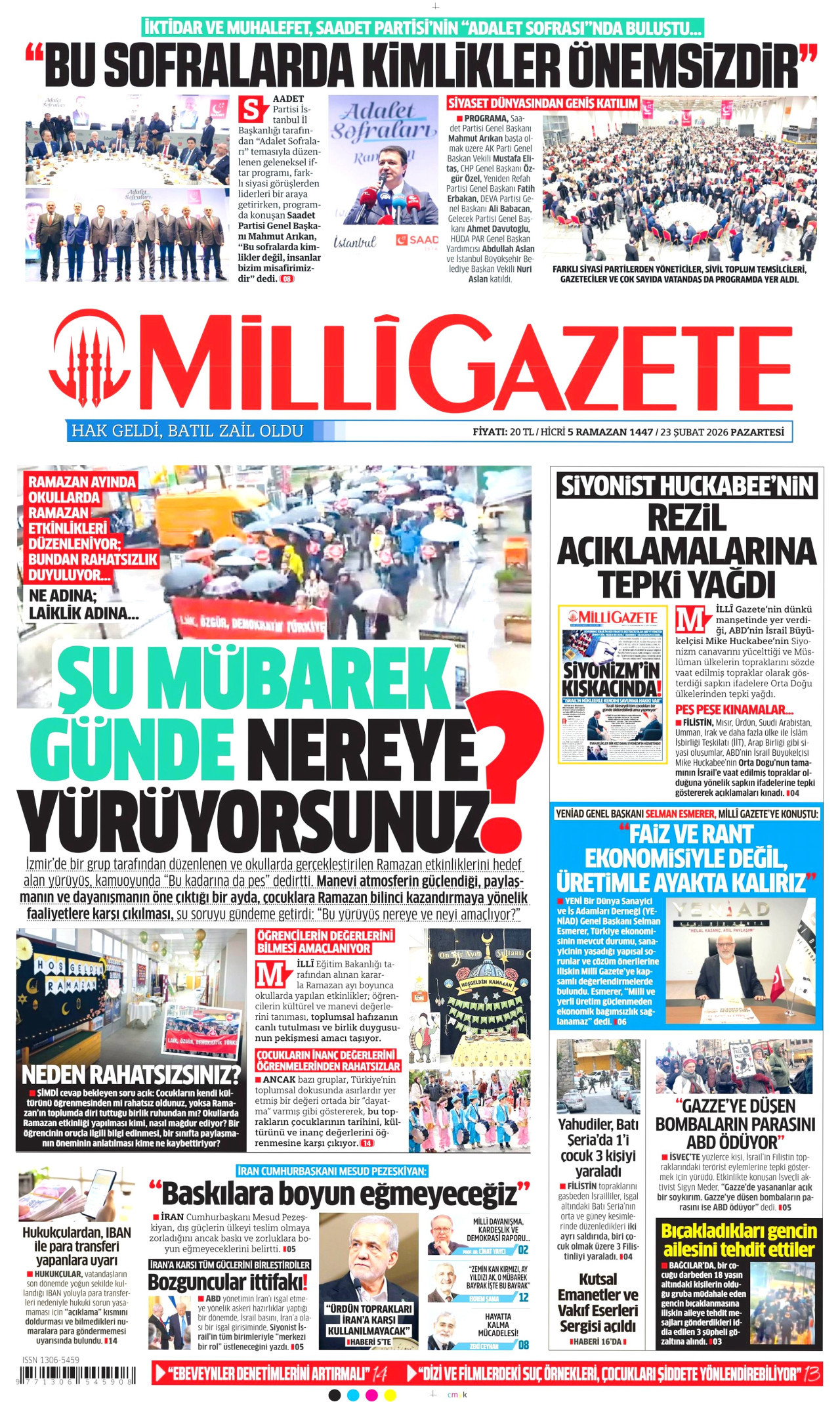 MİLLİ GAZETE gazetesinin 23 Şubat 2026 tarihli birinci sayfası