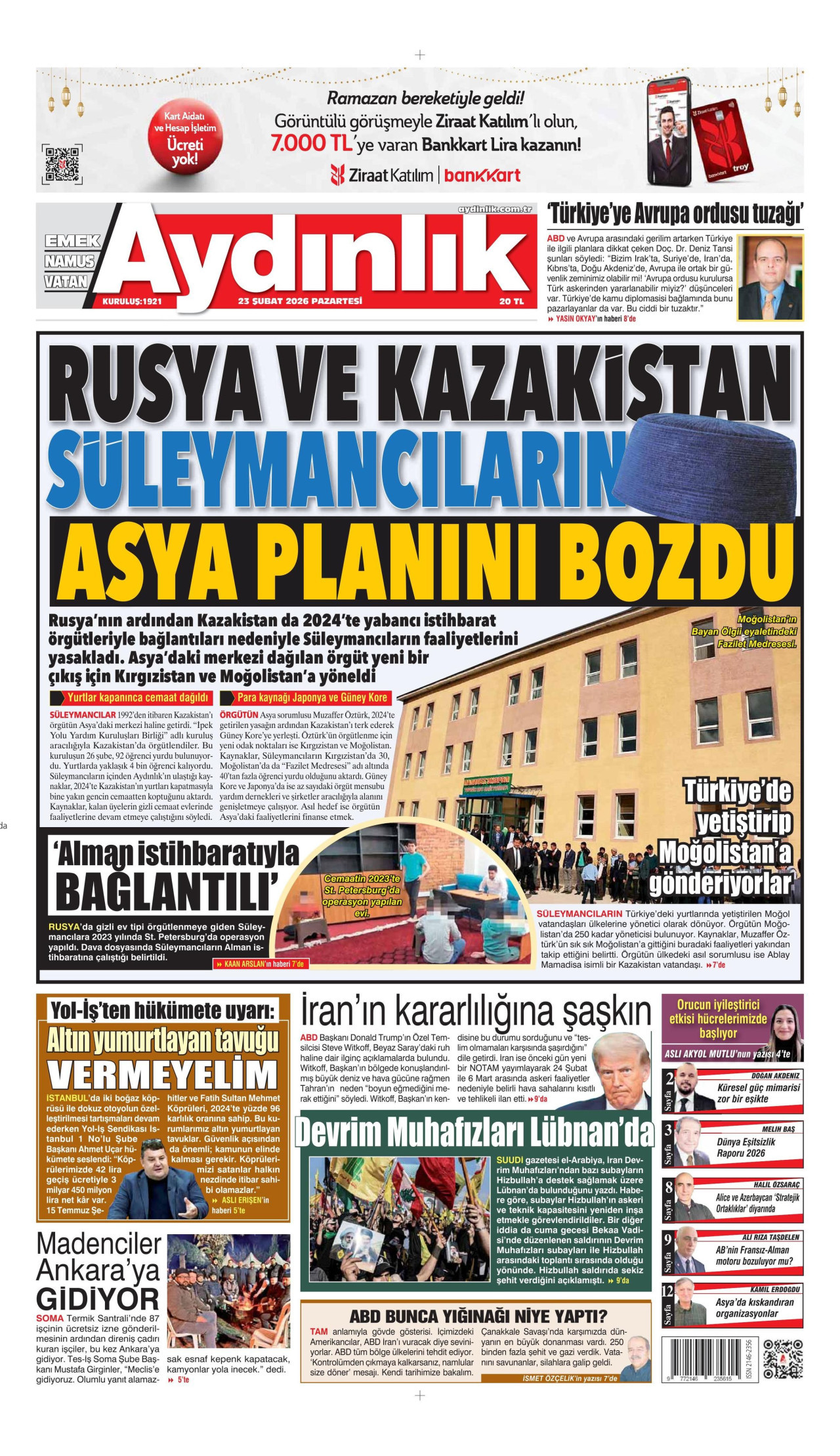 AYDINLIK GAZETESİ gazetesinin 23 Şubat 2026 tarihli birinci sayfası