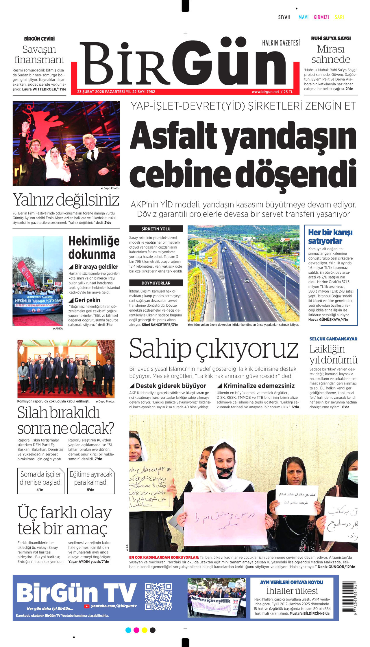 BİRGÜN gazetesinin 23 Şubat 2026 tarihli birinci sayfası