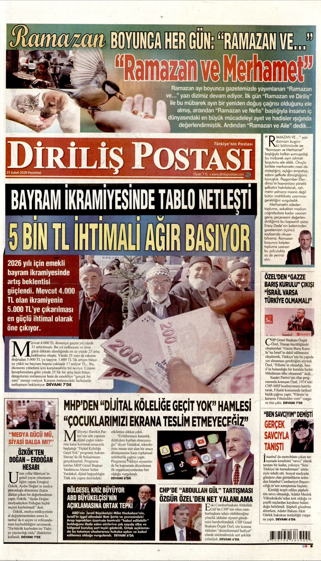 DİRİLİŞ POSTASI gazetesinin 23 Şubat 2026 tarihli birinci sayfası