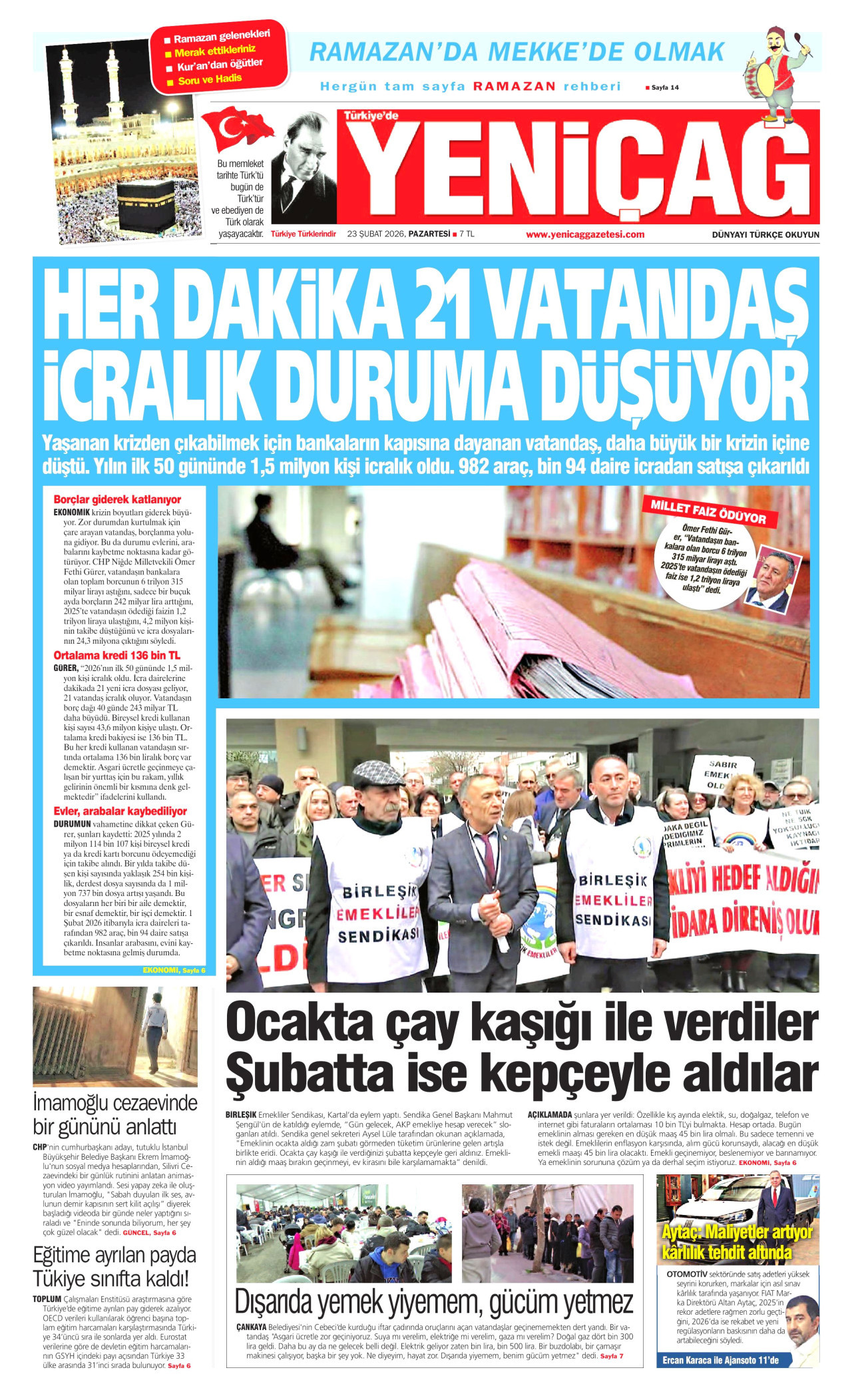 YENİÇAĞ gazetesinin 23 Şubat 2026 tarihli birinci sayfası