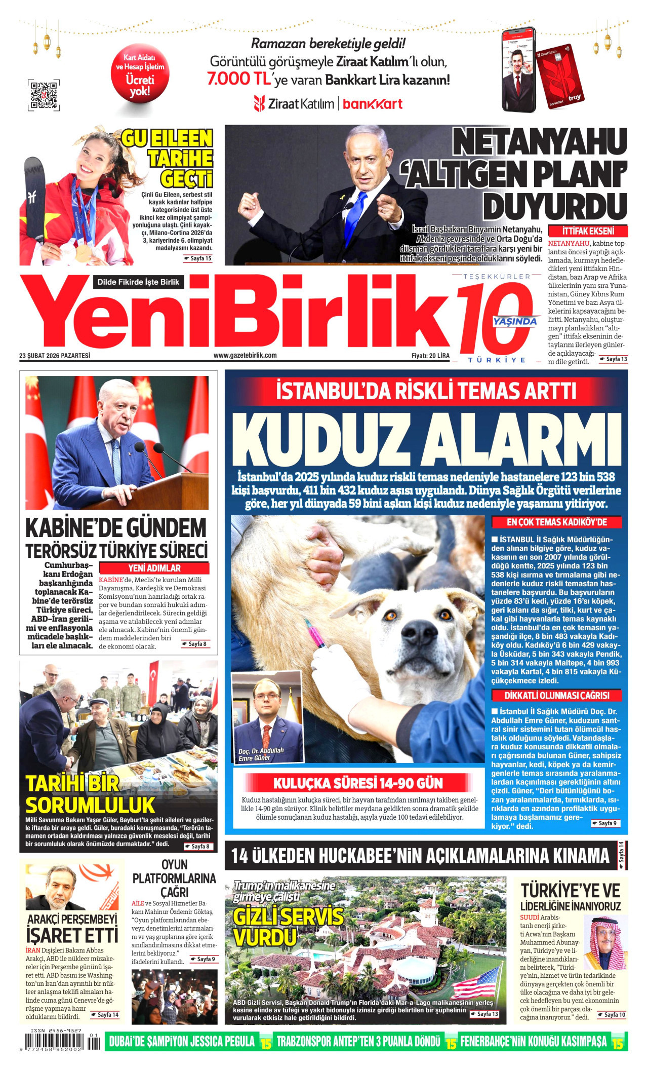 YENİBİRLİK gazetesinin 23 Şubat 2026 tarihli birinci sayfası