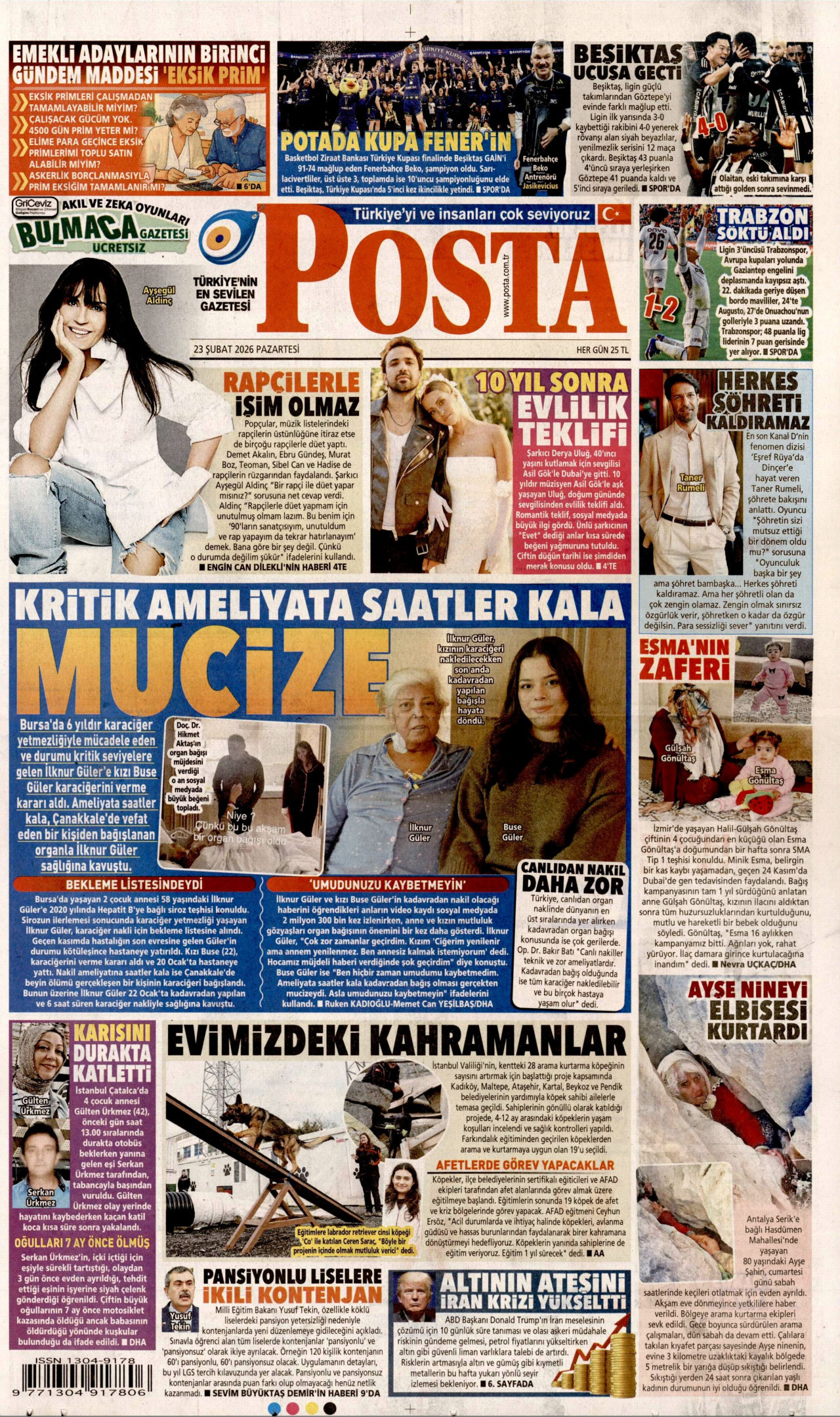 POSTA gazetesinin 23 Şubat 2026 tarihli birinci sayfası