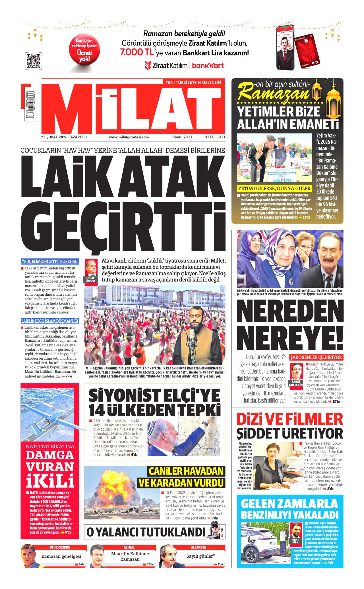 MİLAT gazetesinin 23 Şubat 2026 tarihli birinci sayfası