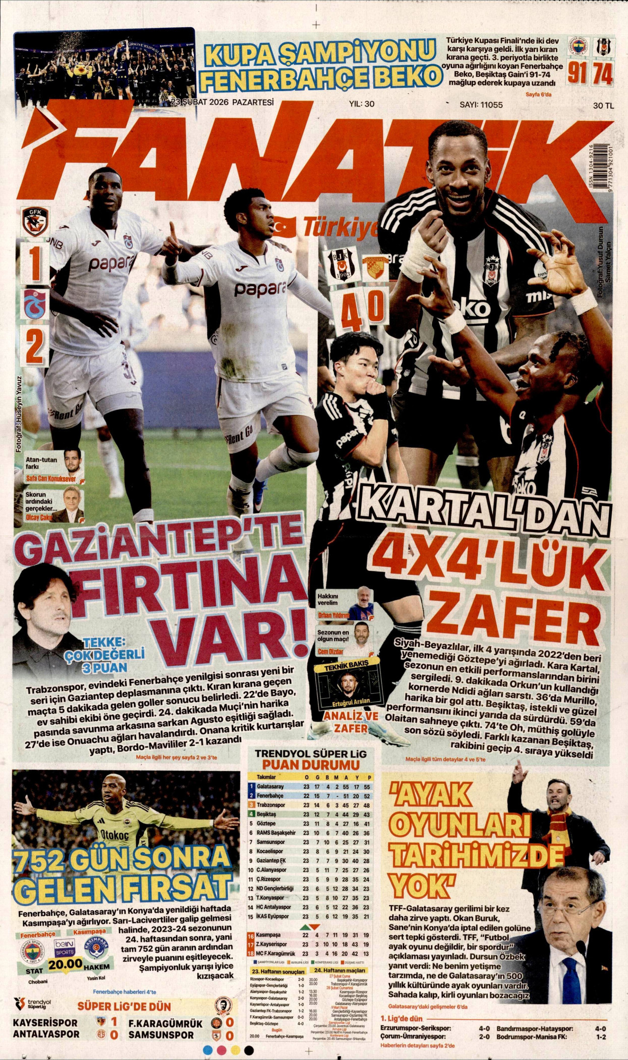 FANATİK gazetesinin 23 Şubat 2026 tarihli birinci sayfası