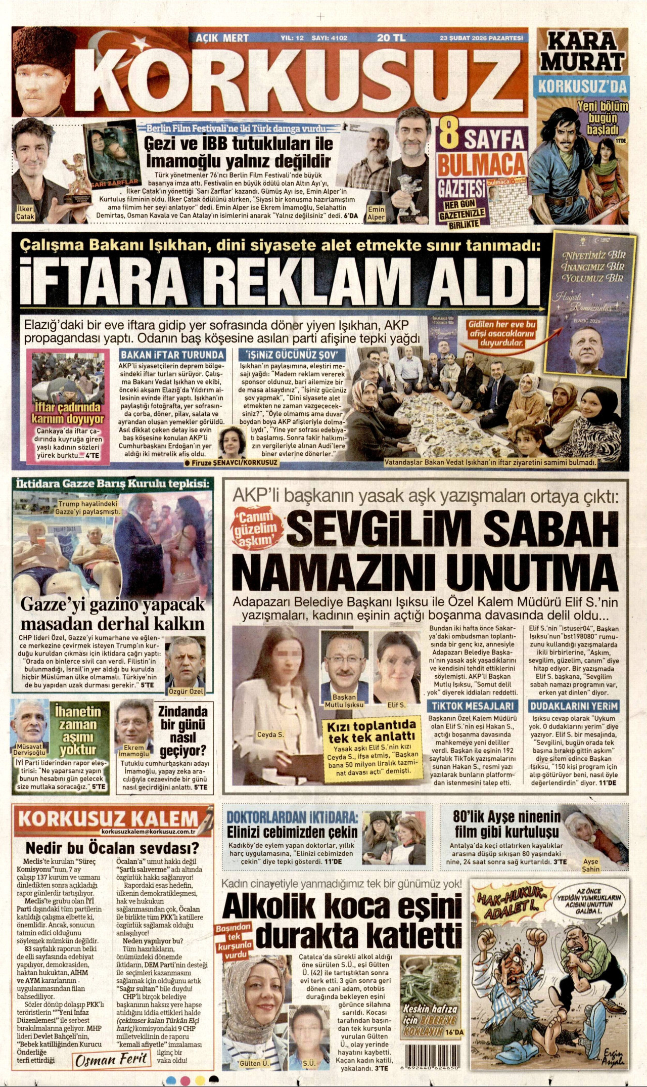 KORKUSUZ gazetesinin 23 Şubat 2026 tarihli birinci sayfası