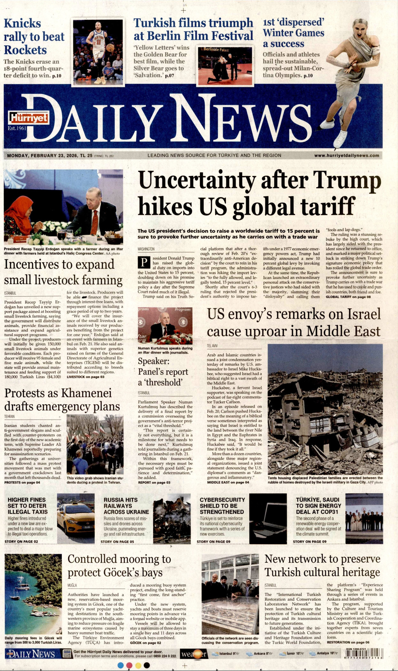 HÜRRİYET DAİLY NEWS gazetesinin 23 Şubat 2026 tarihli birinci sayfası
