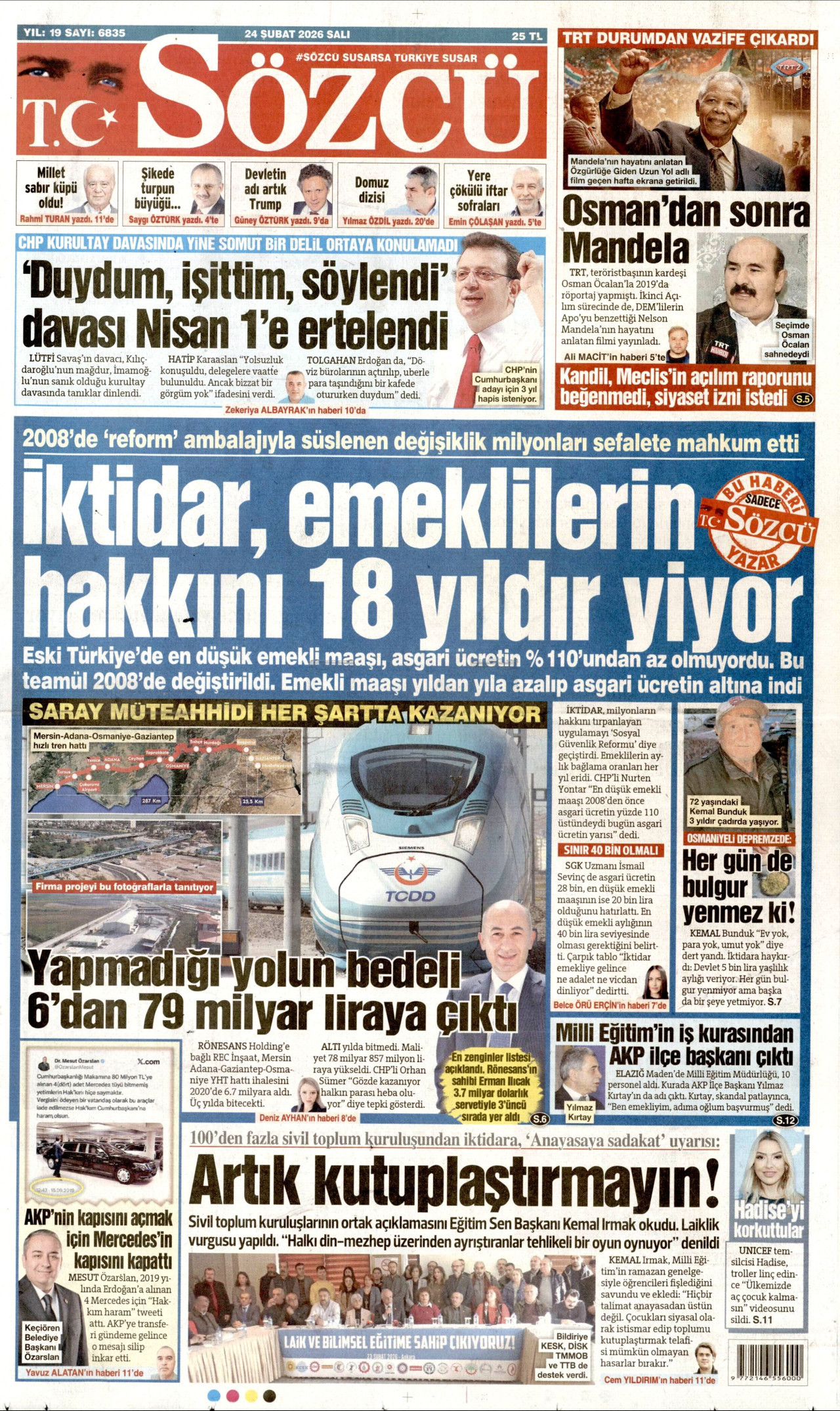 SÖZCÜ gazetesinin 24 Şubat 2026 tarihli birinci sayfası