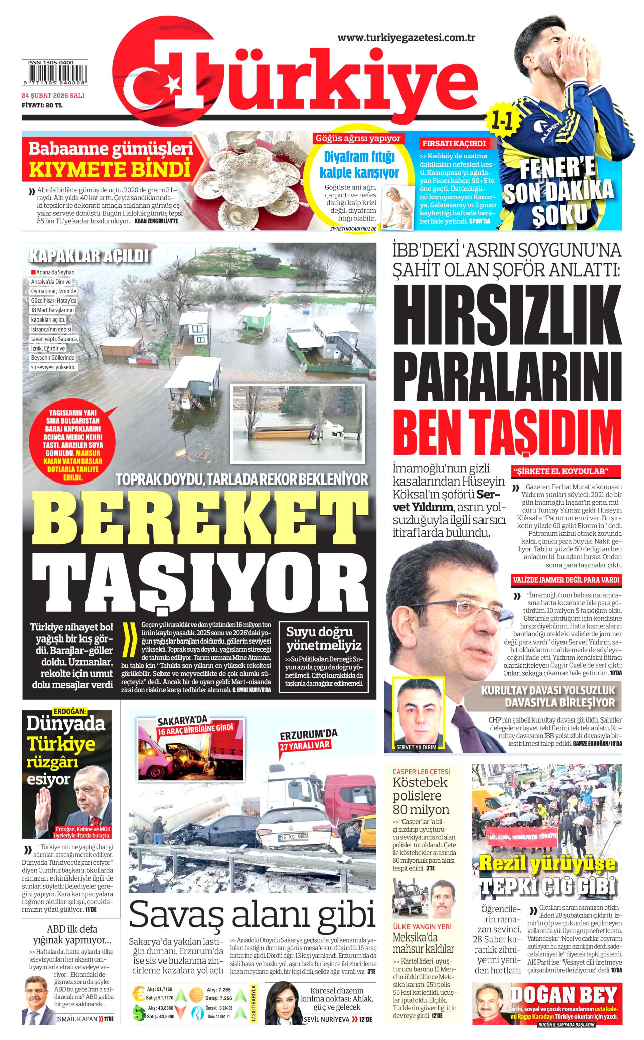 TÜRKİYE GAZETESİ gazetesinin 24 Şubat 2026 tarihli birinci sayfası