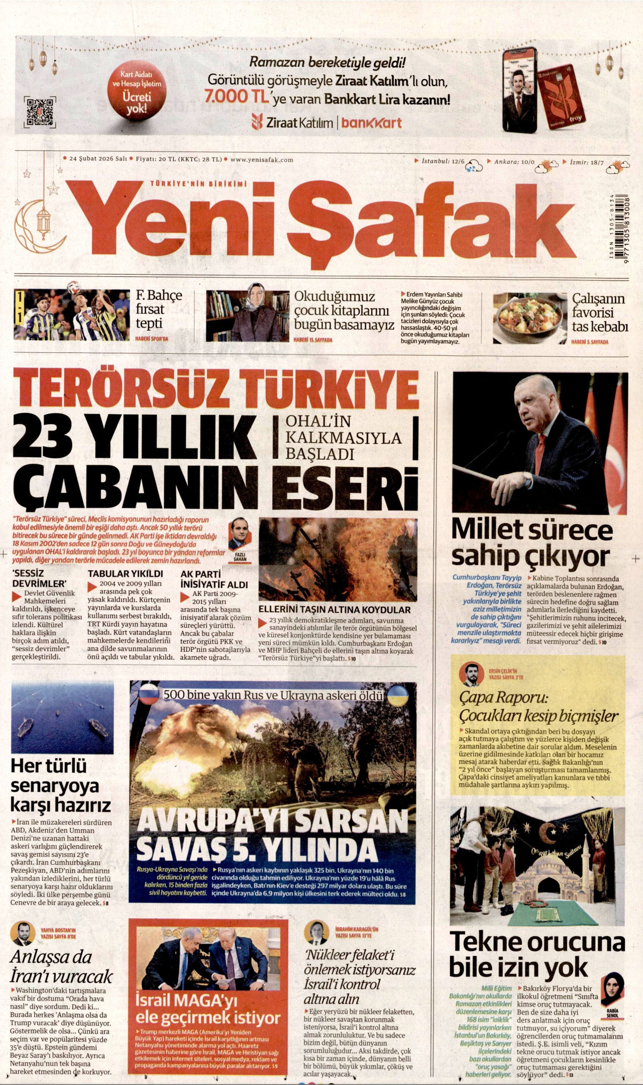 YENİ ŞAFAK gazetesinin 24 Şubat 2026 tarihli birinci sayfası
