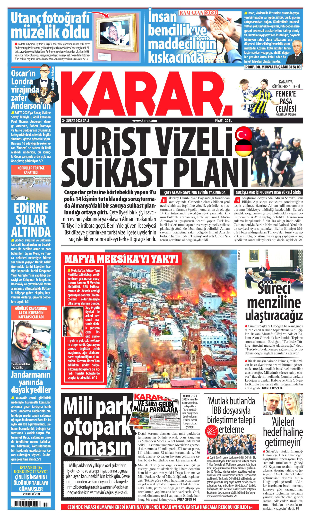 KARAR gazetesinin 24 Şubat 2026 tarihli birinci sayfası