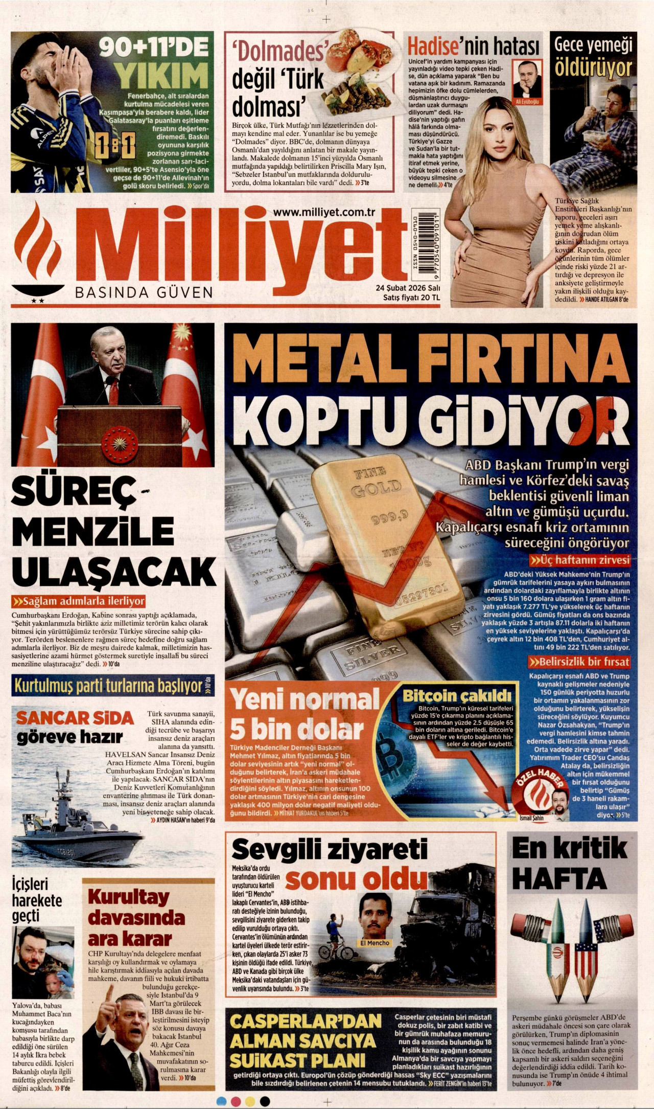 MİLLİYET gazetesinin 24 Şubat 2026 tarihli birinci sayfası