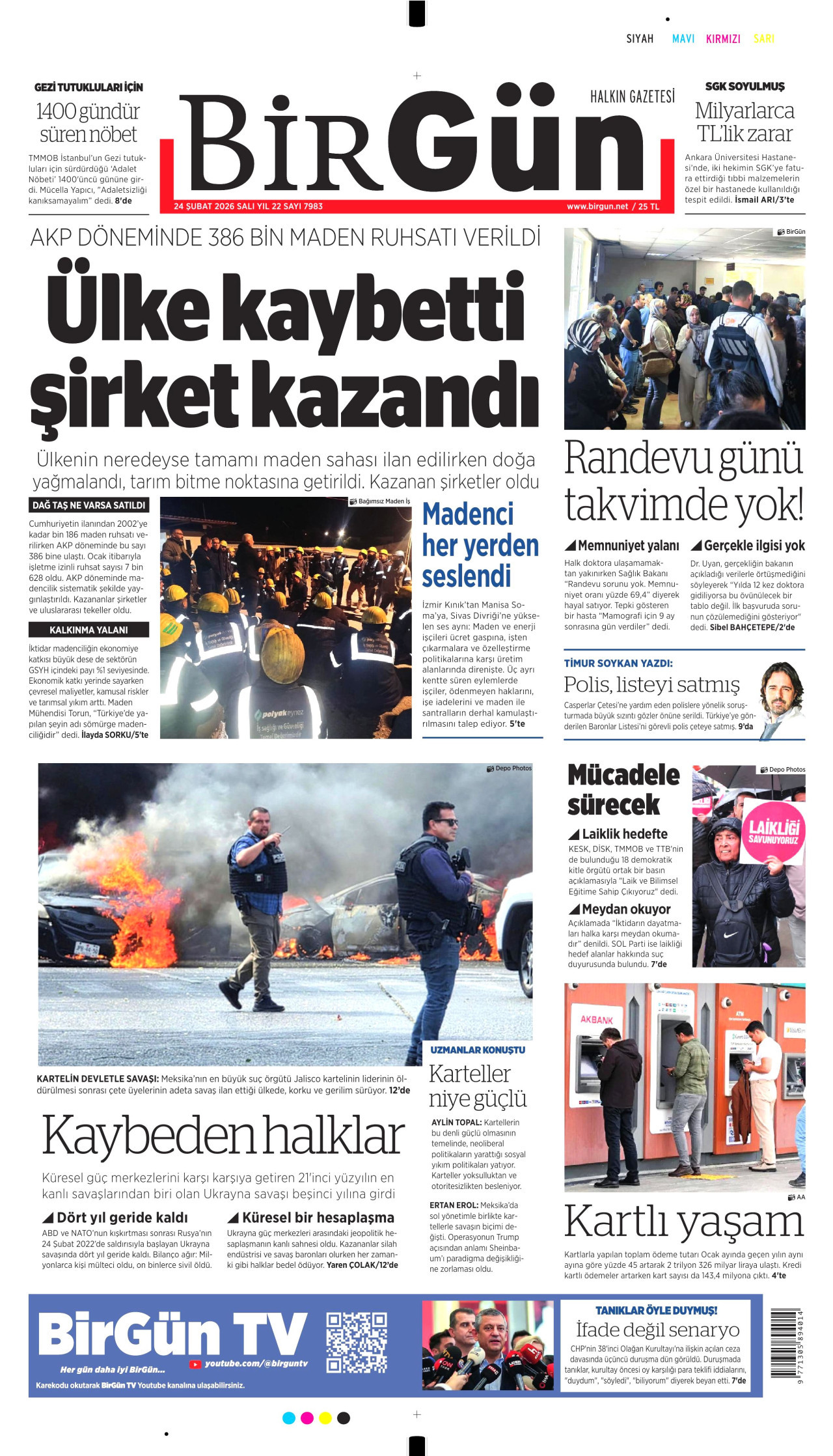 BİRGÜN gazetesinin 24 Şubat 2026 tarihli birinci sayfası