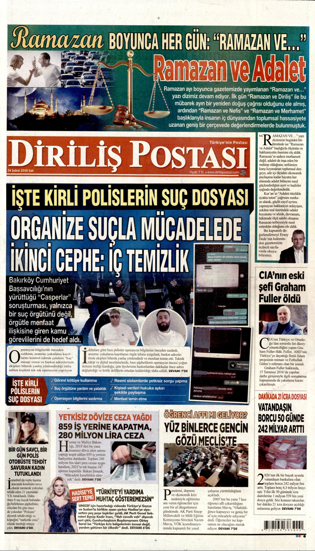 DİRİLİŞ POSTASI gazetesinin 24 Şubat 2026 tarihli birinci sayfası