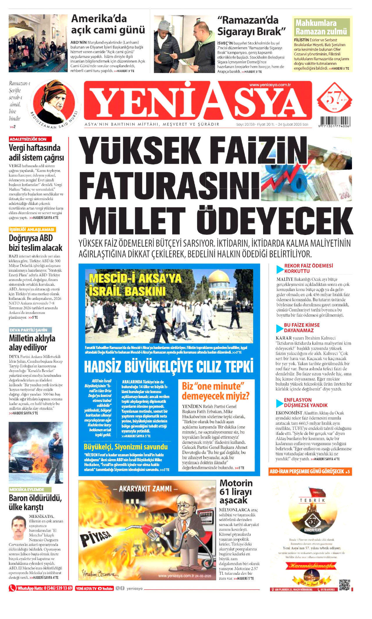 YENİ ASYA gazetesinin 24 Şubat 2026 tarihli birinci sayfası