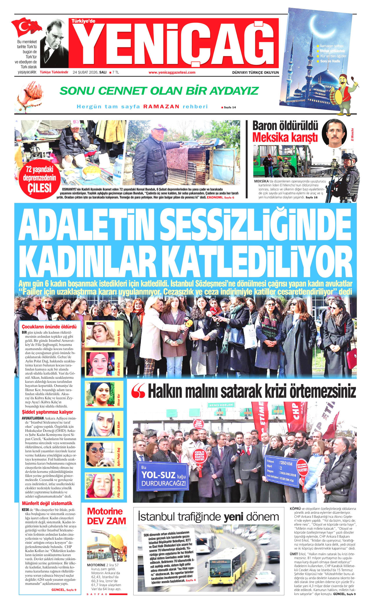 YENİÇAĞ gazetesinin 24 Şubat 2026 tarihli birinci sayfası