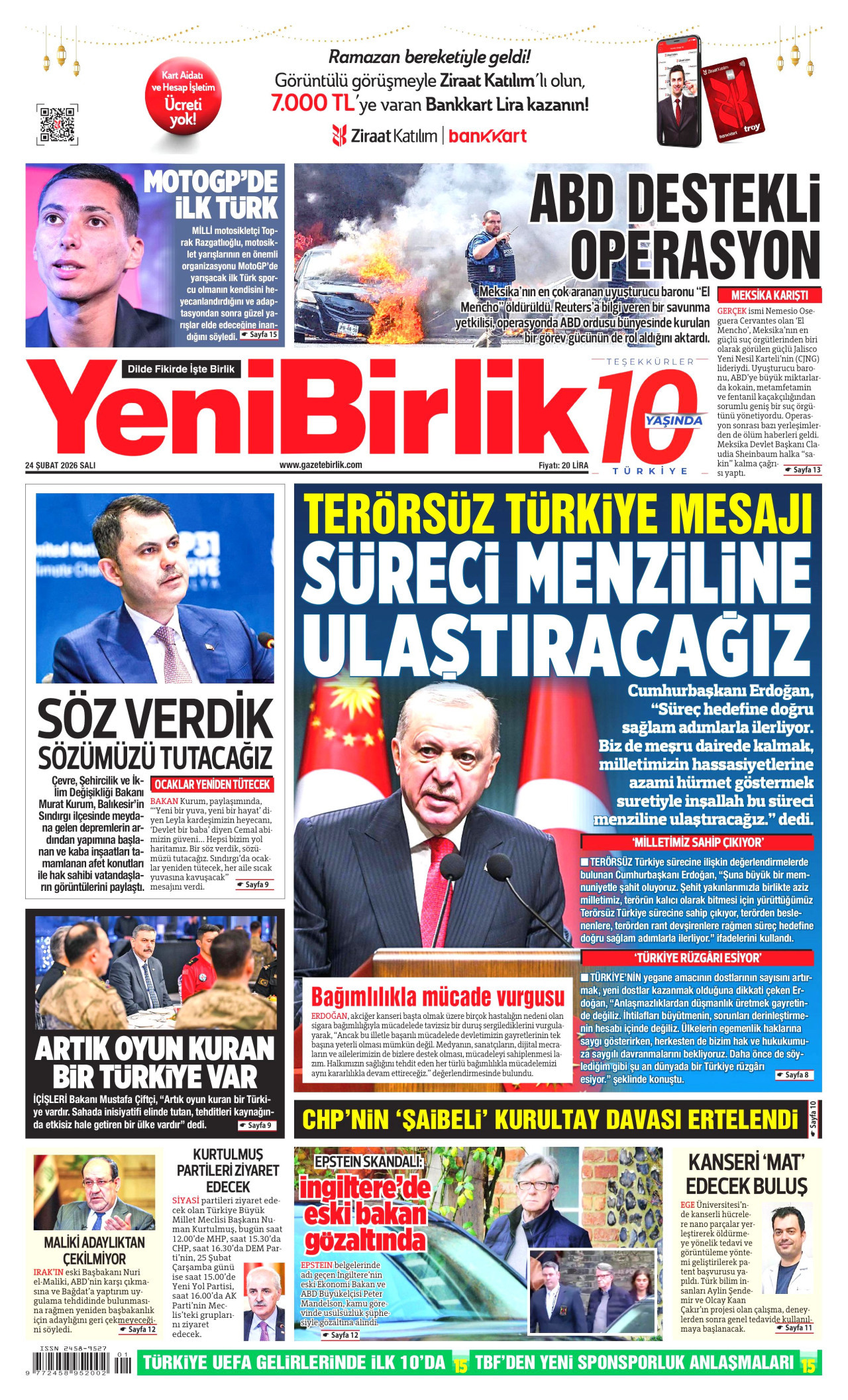 YENİBİRLİK gazetesinin 24 Şubat 2026 tarihli birinci sayfası