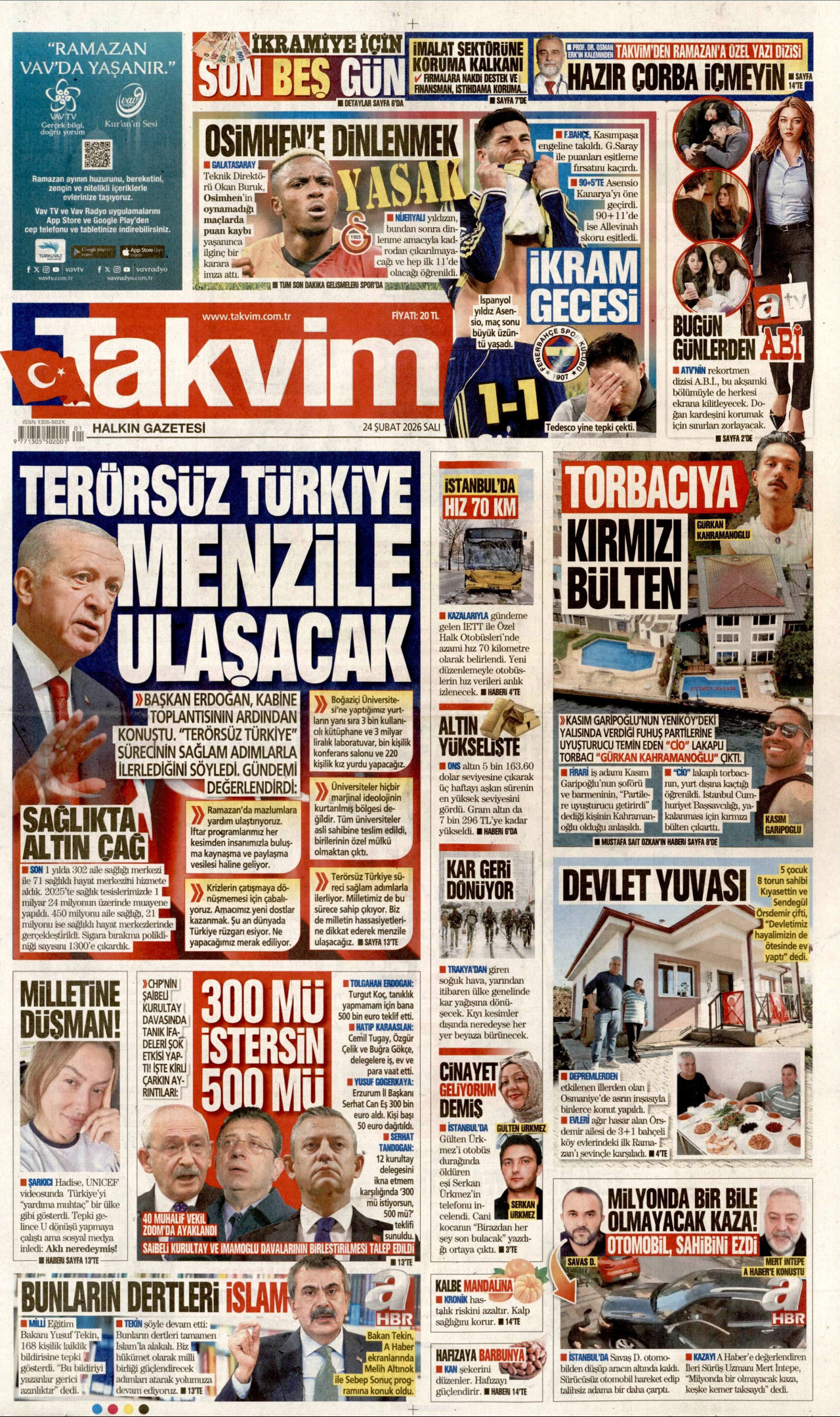 TAKVİM gazetesinin 24 Şubat 2026 tarihli birinci sayfası
