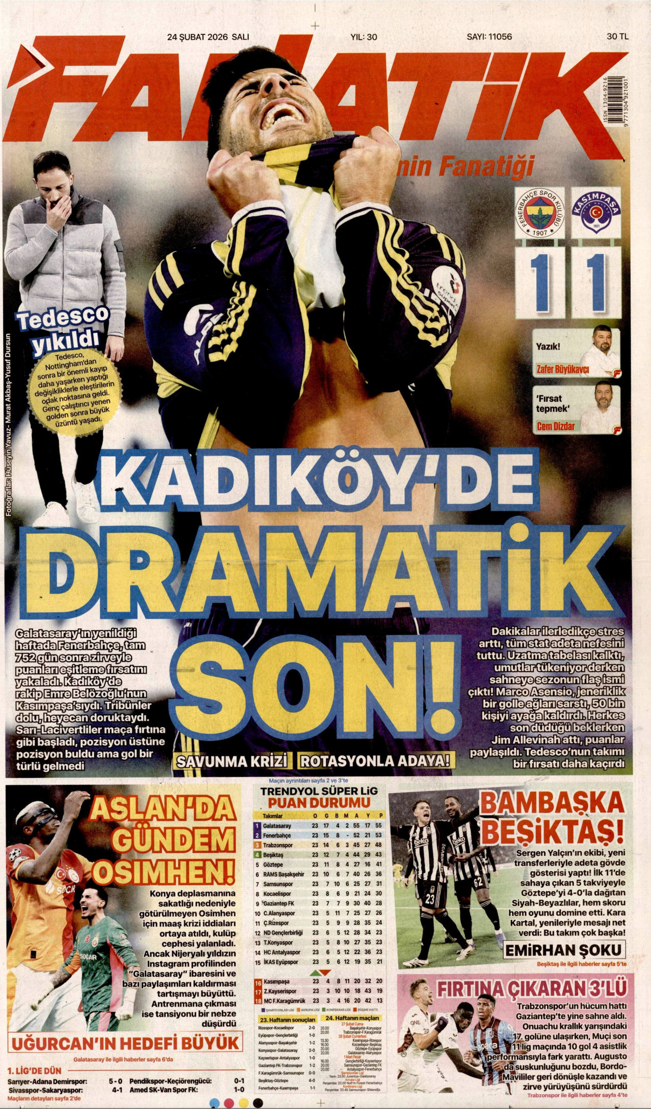FANATİK gazetesinin 24 Şubat 2026 tarihli birinci sayfası