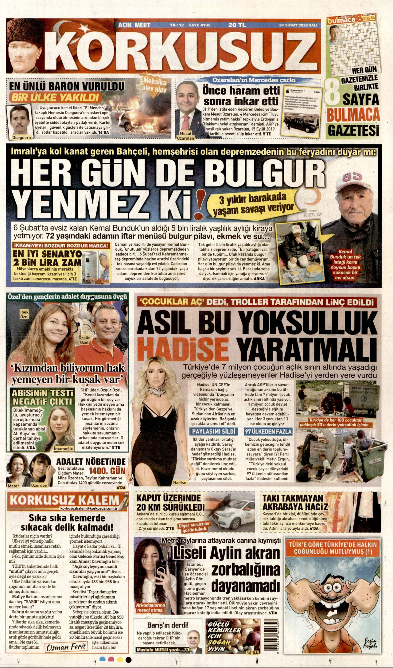 KORKUSUZ gazetesinin 24 Şubat 2026 tarihli birinci sayfası