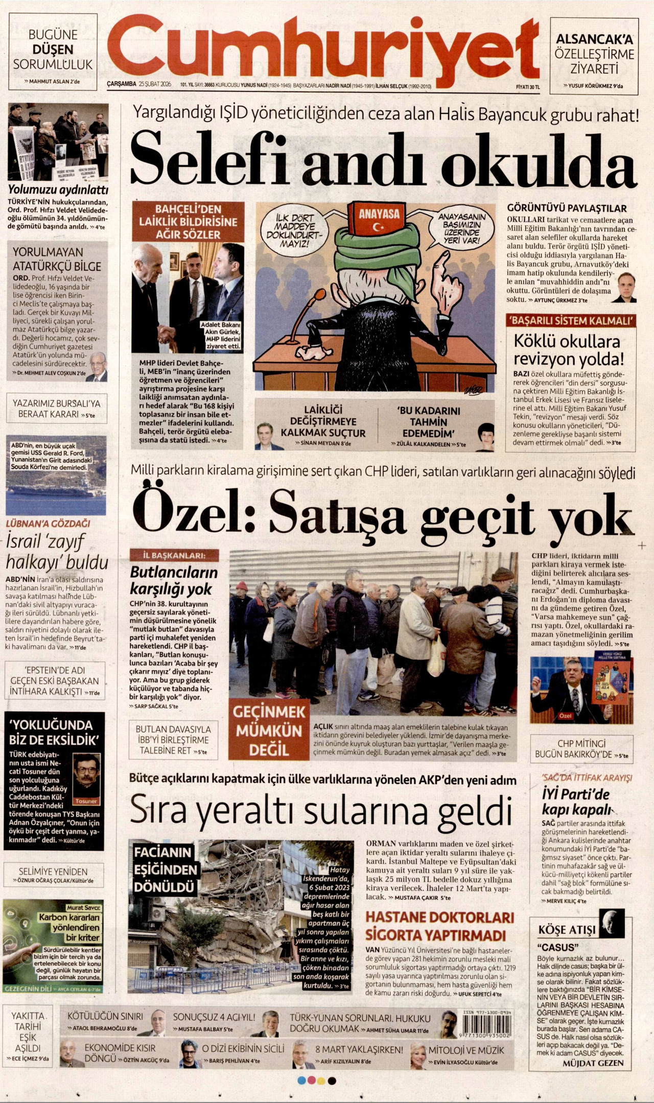 CUMHURİYET gazetesinin 25 Şubat 2026 tarihli birinci sayfası