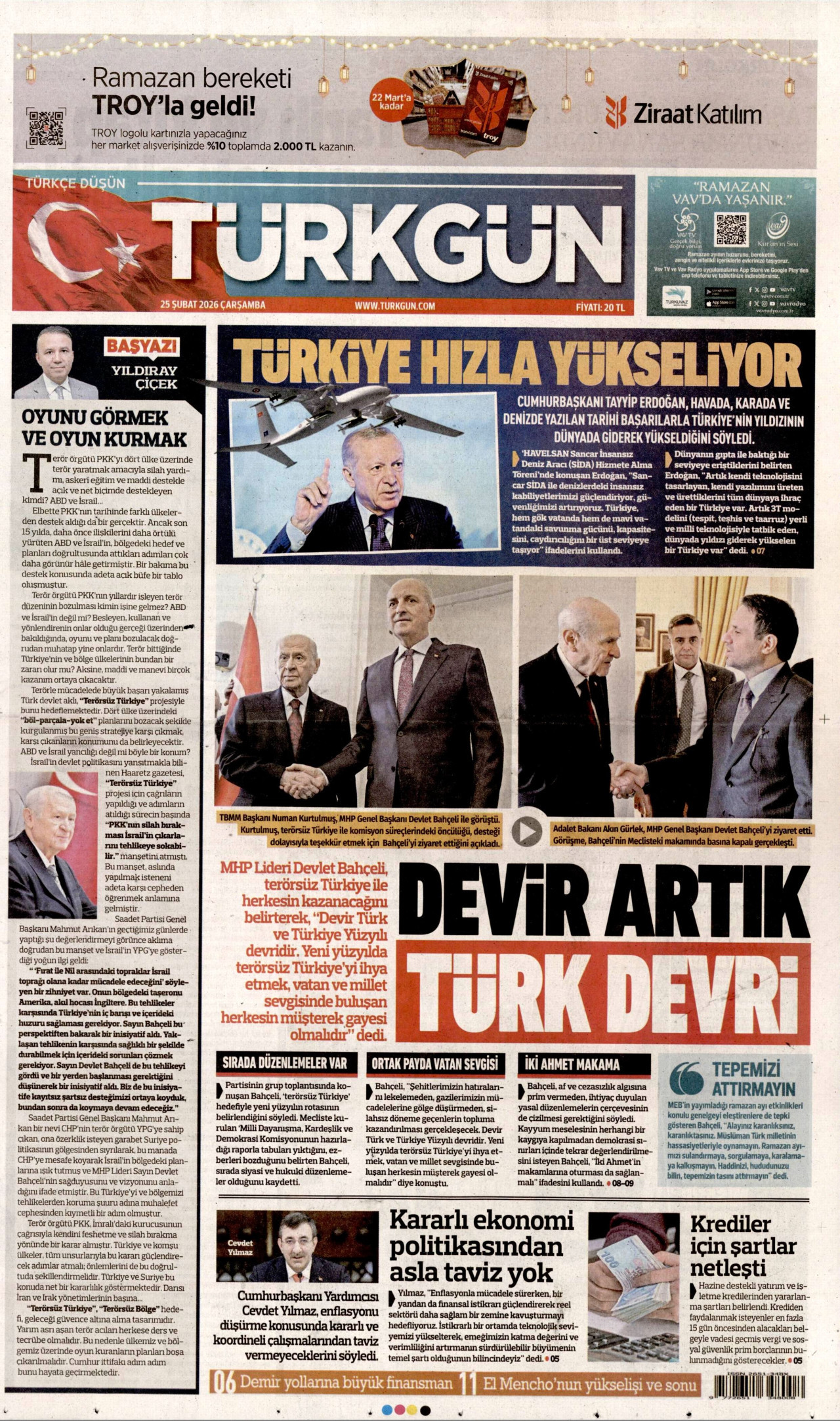 TÜRKGÜN gazetesinin 25 Şubat 2026 tarihli birinci sayfası
