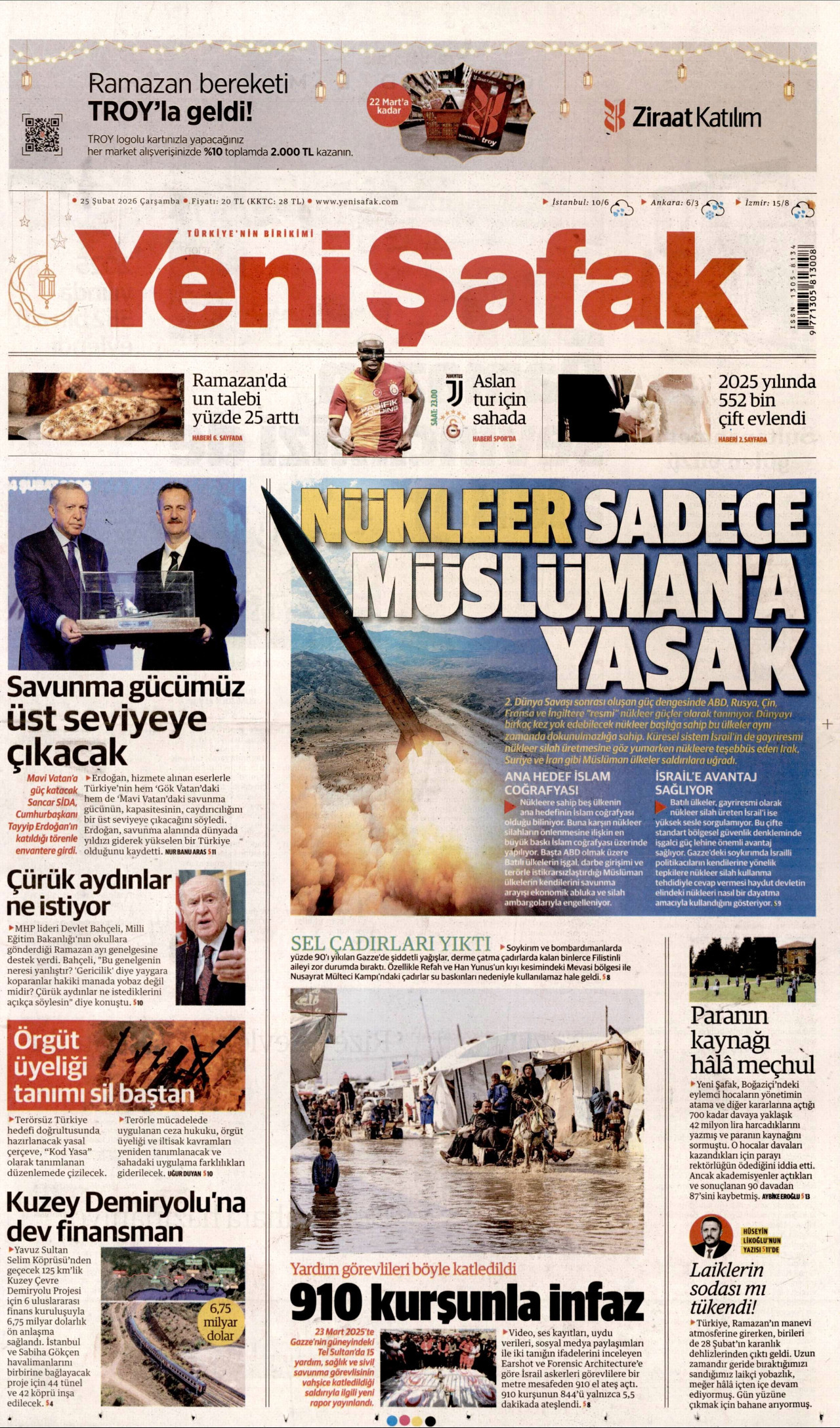 YENİ ŞAFAK gazetesinin 25 Şubat 2026 tarihli birinci sayfası