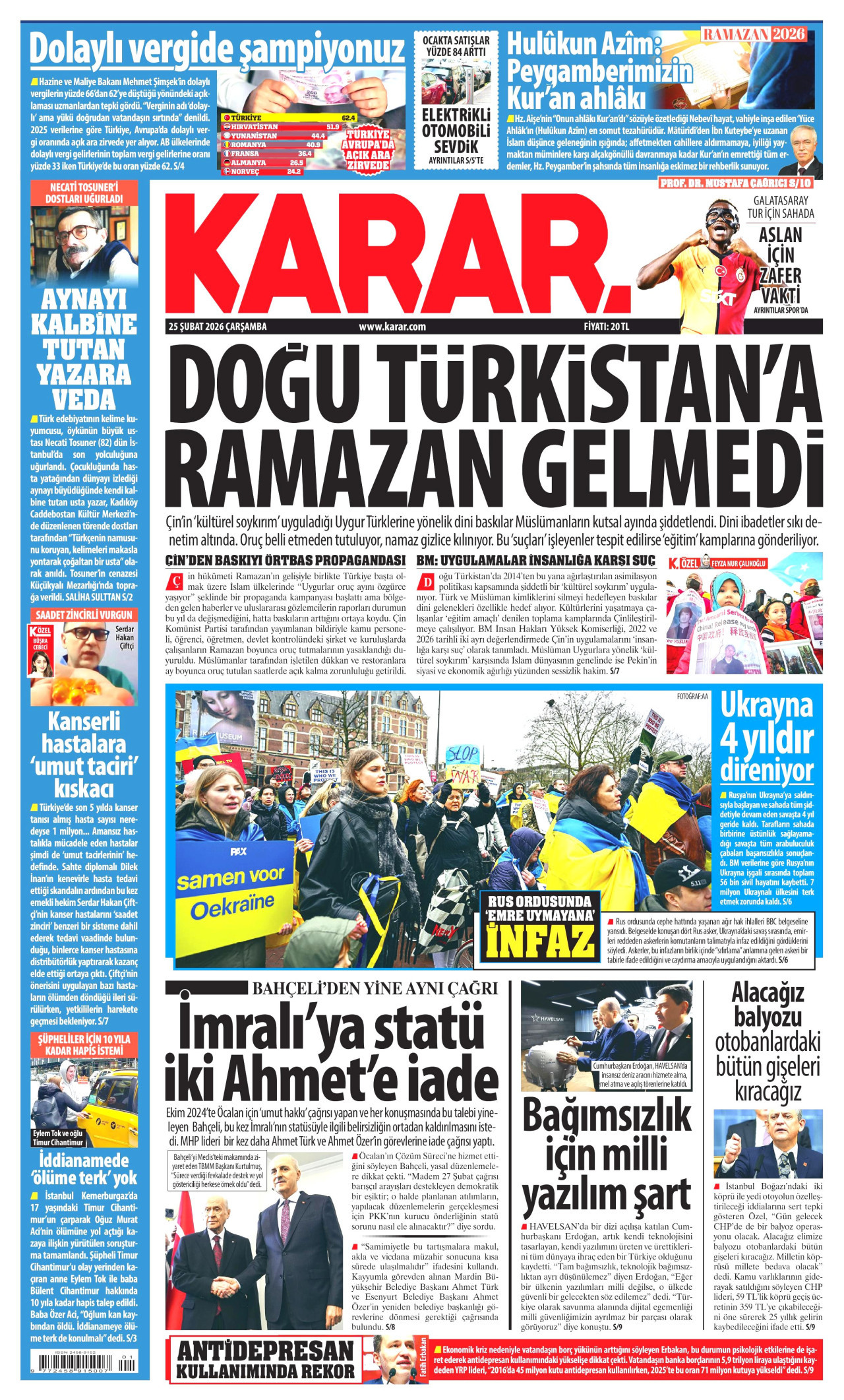 KARAR gazetesinin 25 Şubat 2026 tarihli birinci sayfası