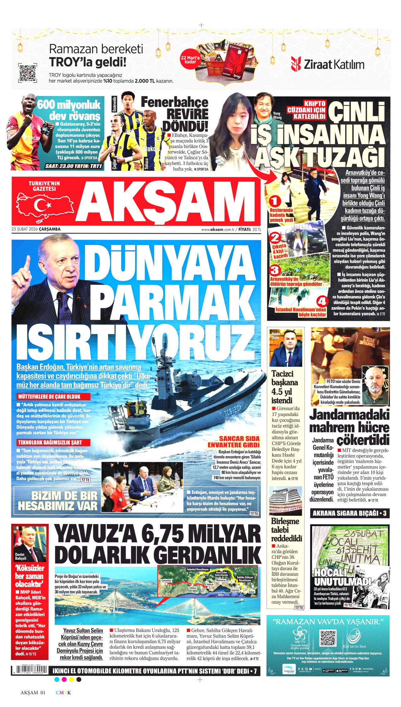 AKŞAM gazetesinin 25 Şubat 2026 tarihli birinci sayfası