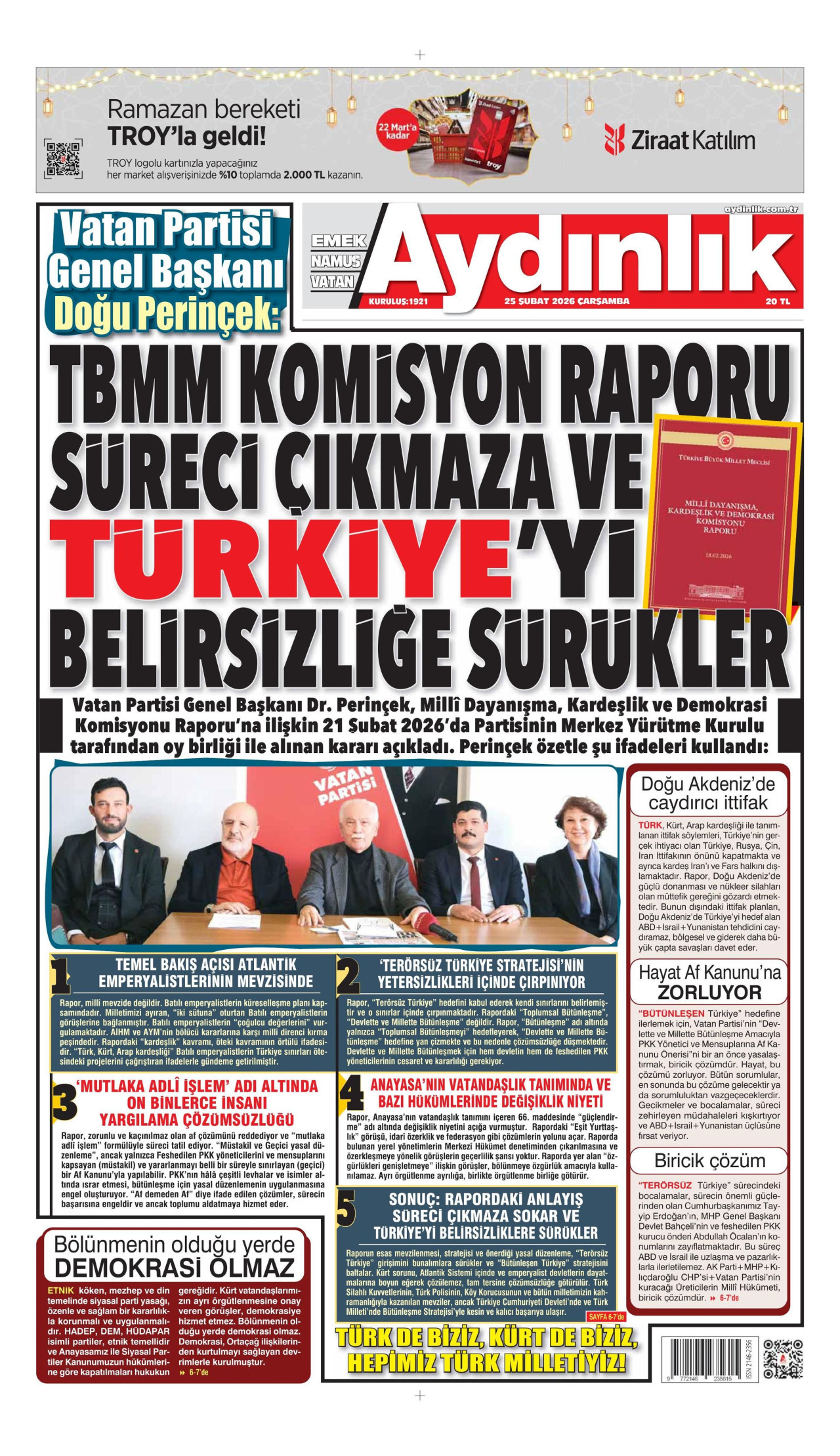 AYDINLIK GAZETESİ gazetesinin 25 Şubat 2026 tarihli birinci sayfası
