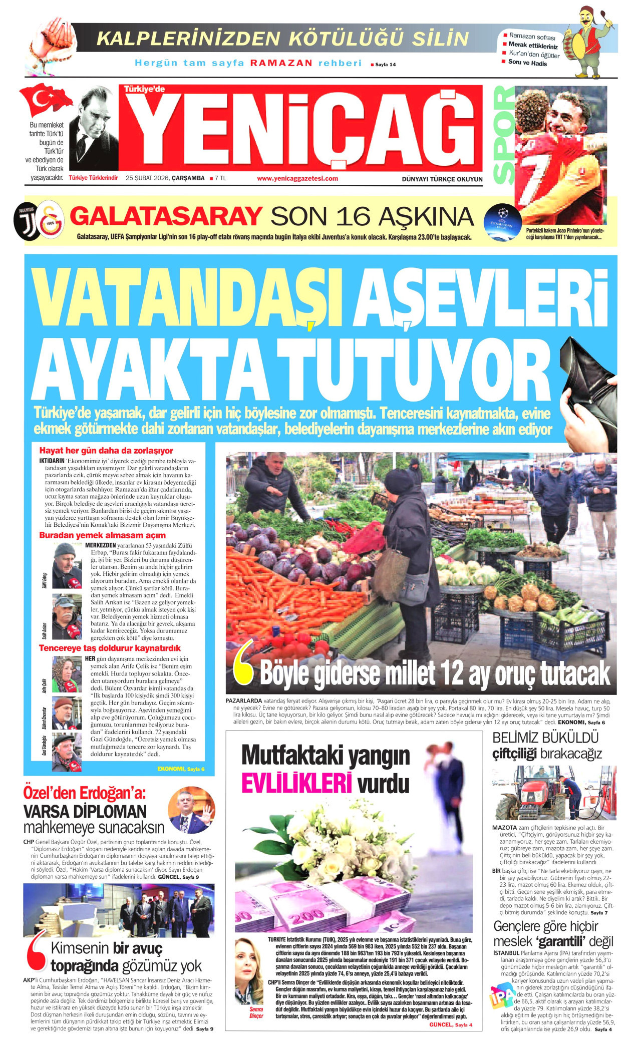 YENİÇAĞ gazetesinin 25 Şubat 2026 tarihli birinci sayfası