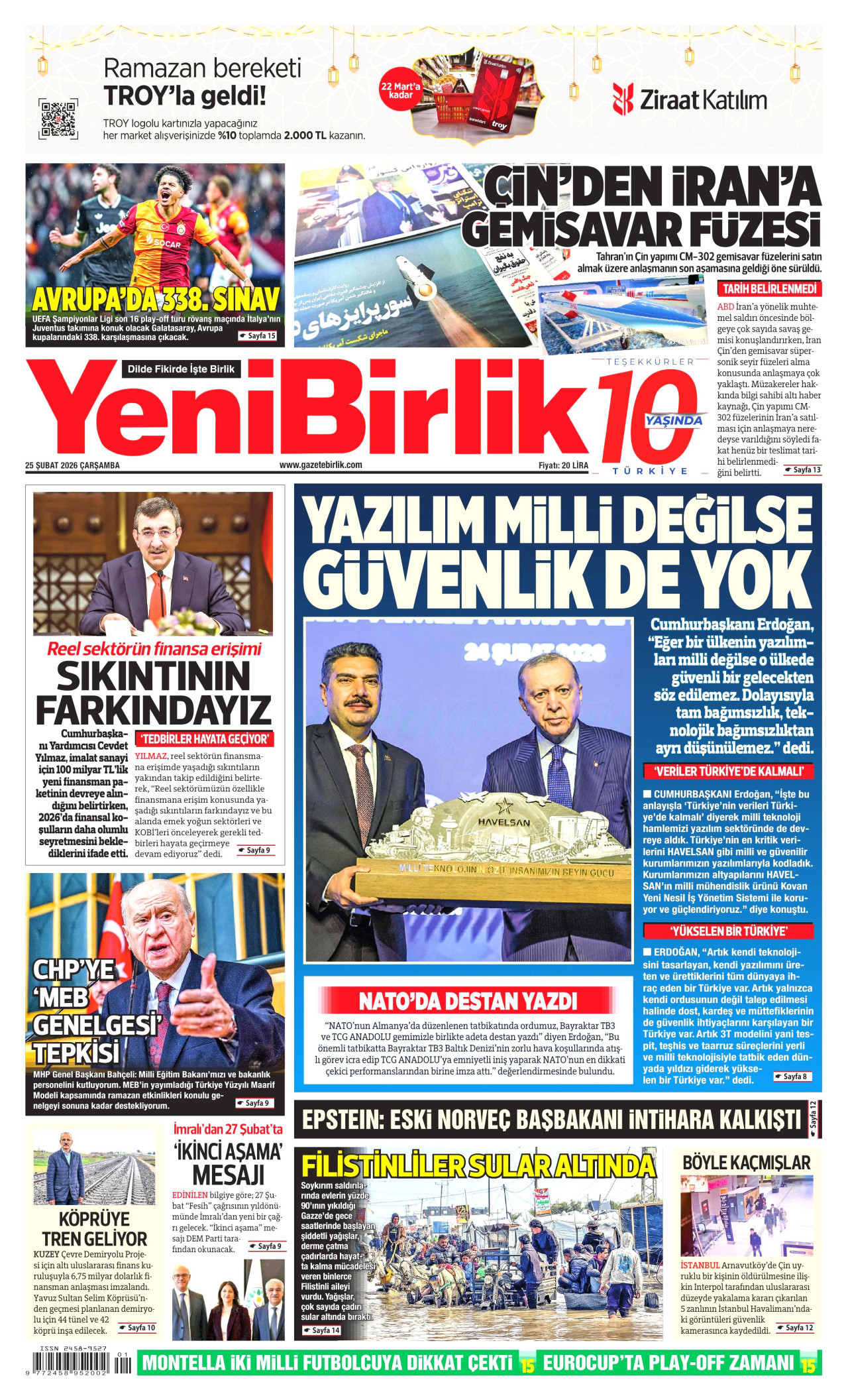 YENİBİRLİK gazetesinin 25 Şubat 2026 tarihli birinci sayfası