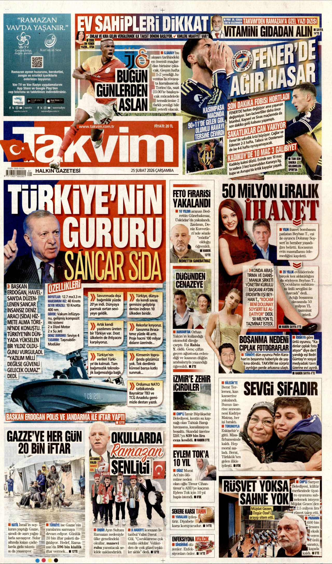 TAKVİM gazetesinin 25 Şubat 2026 tarihli birinci sayfası
