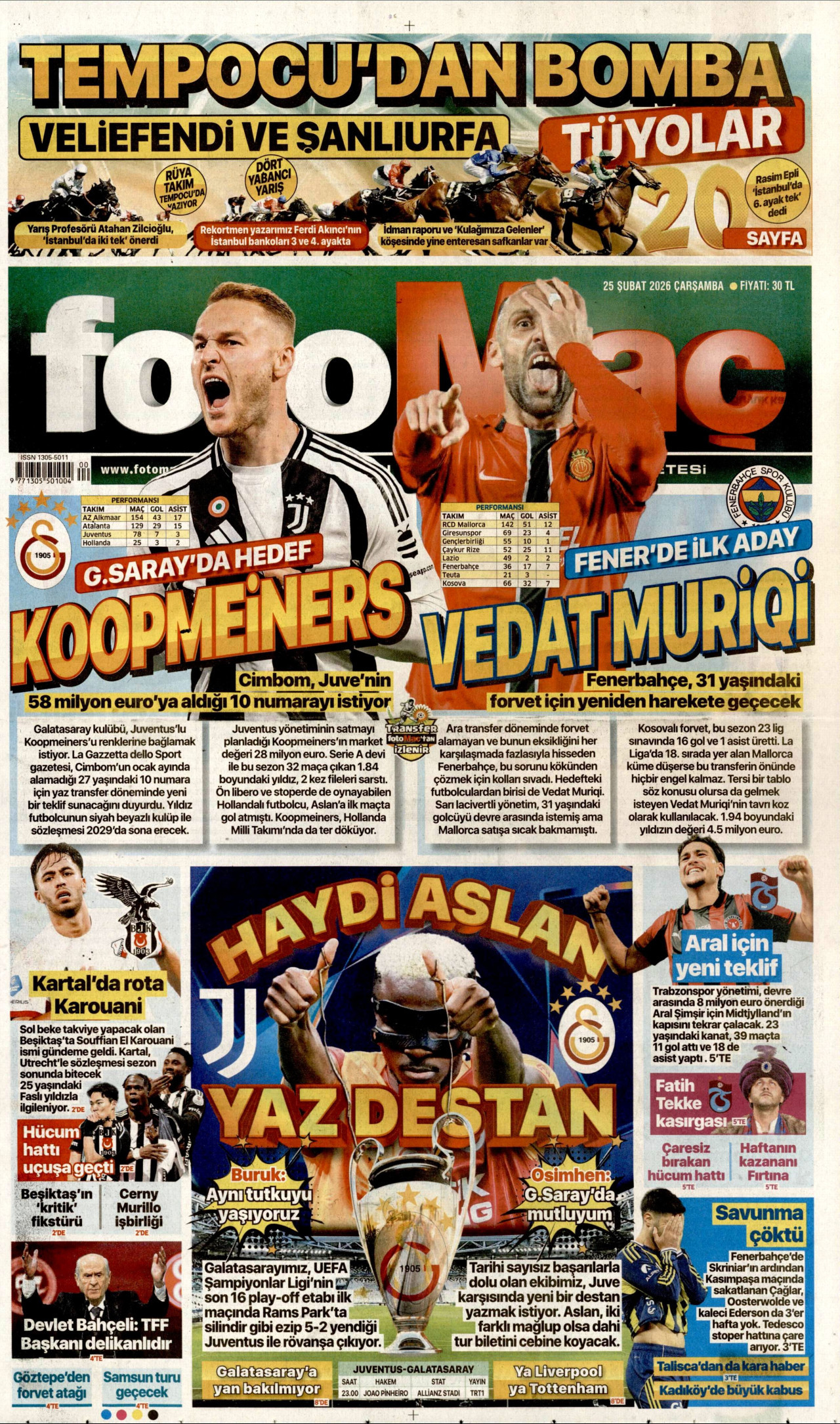FOTOMAÇ gazetesinin 25 Şubat 2026 tarihli birinci sayfası