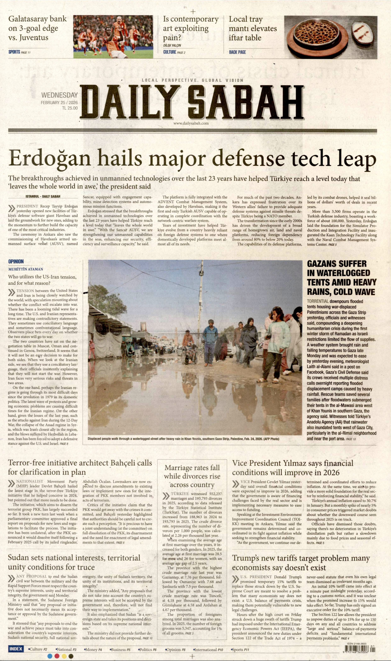 DAİLY SABAH gazetesinin 25 Şubat 2026 tarihli birinci sayfası