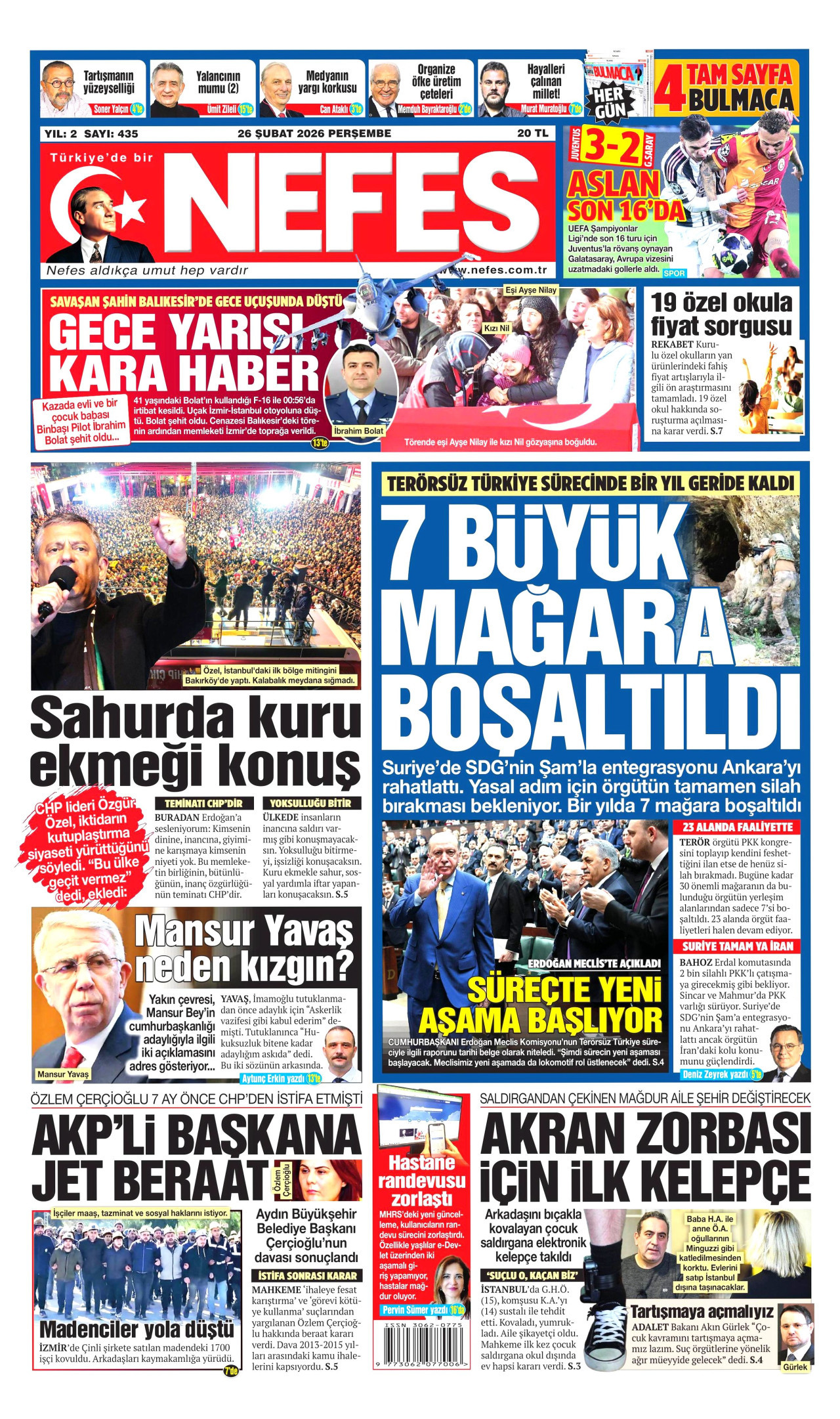 NEFES gazetesinin 26 Şubat 2026 tarihli birinci sayfası