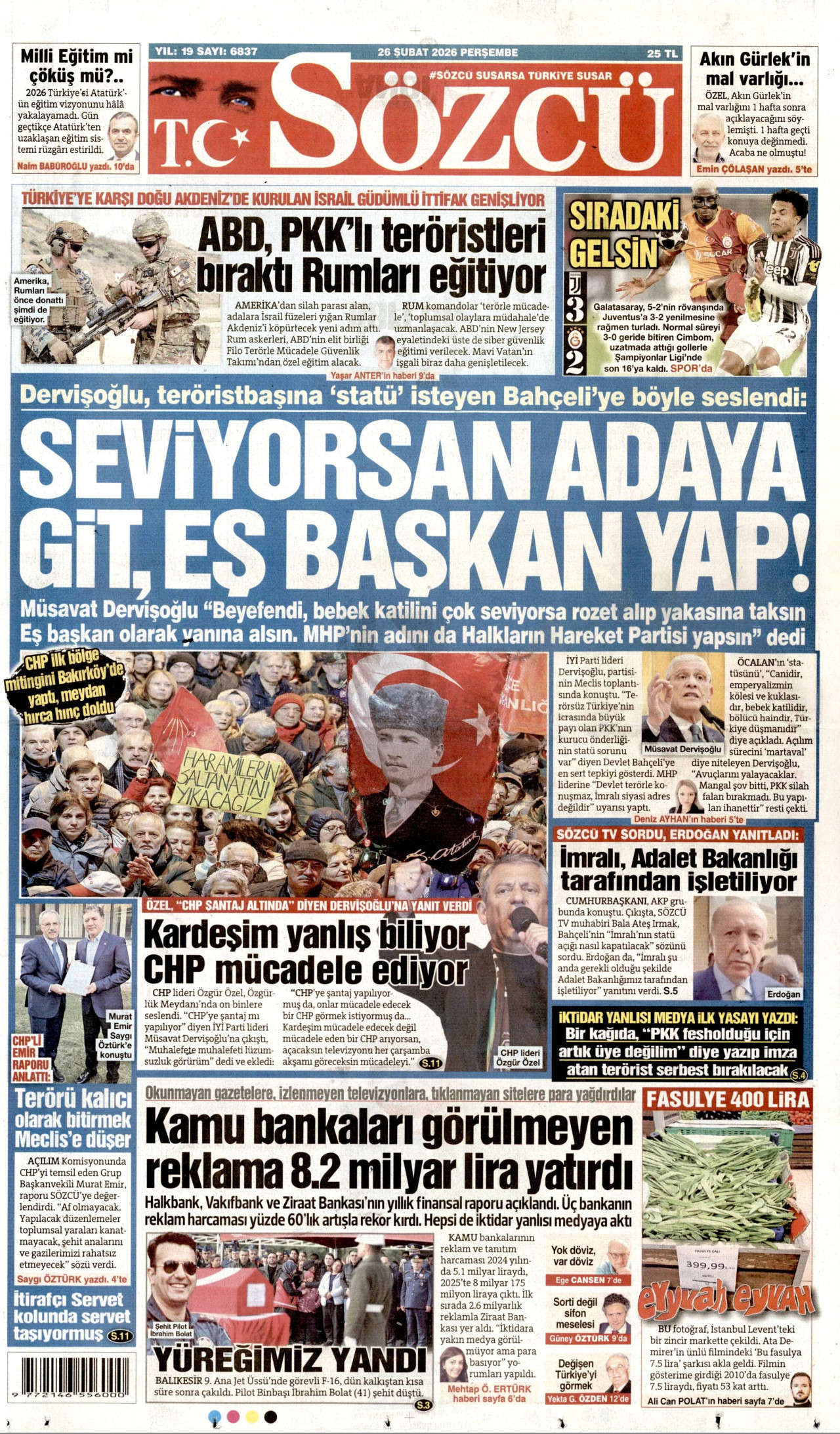 SÖZCÜ gazetesinin 26 Şubat 2026 tarihli birinci sayfası