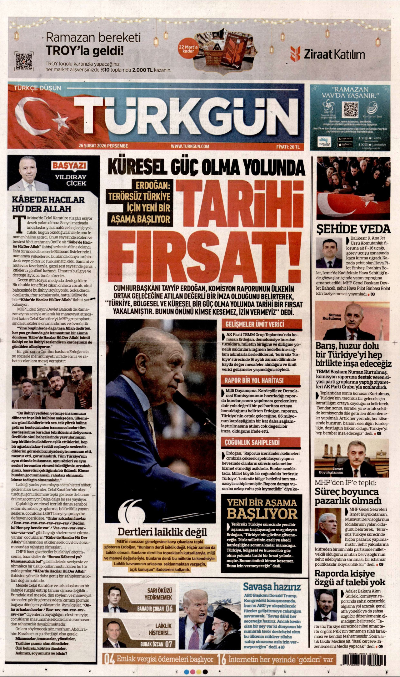 TÜRKGÜN gazetesinin 26 Şubat 2026 tarihli birinci sayfası