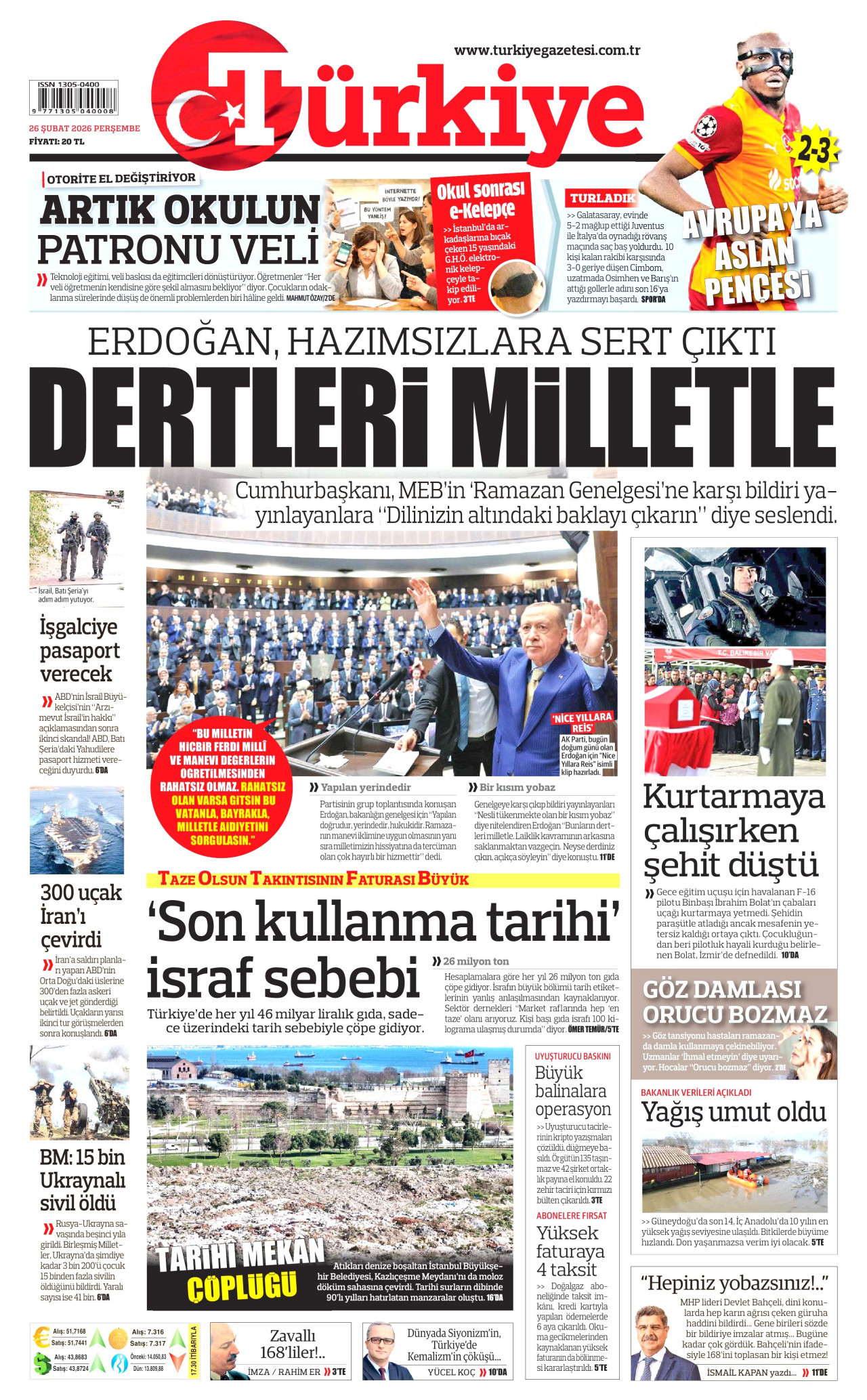 TÜRKİYE GAZETESİ gazetesinin 26 Şubat 2026 tarihli birinci sayfası