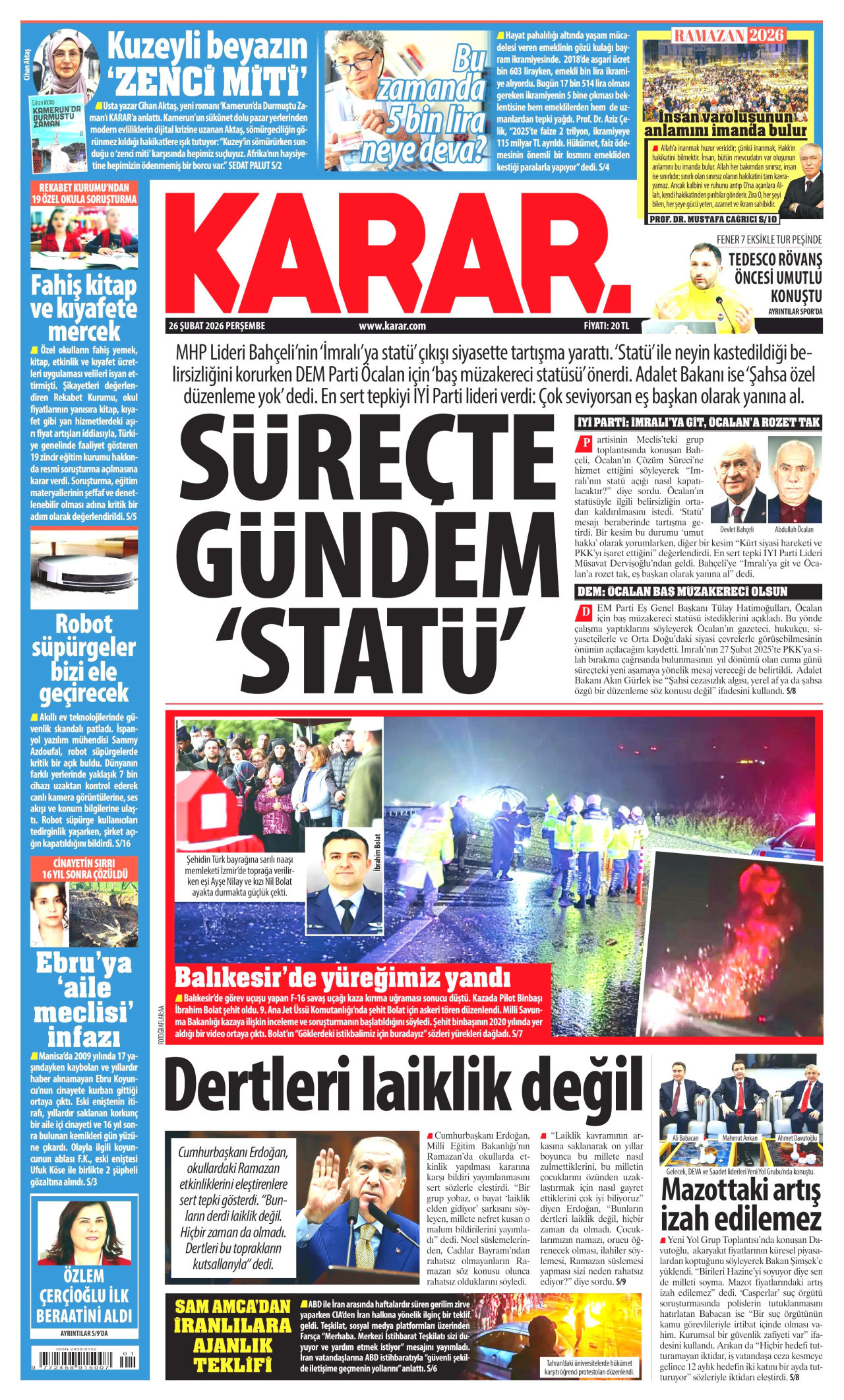 KARAR gazetesinin 26 Şubat 2026 tarihli birinci sayfası