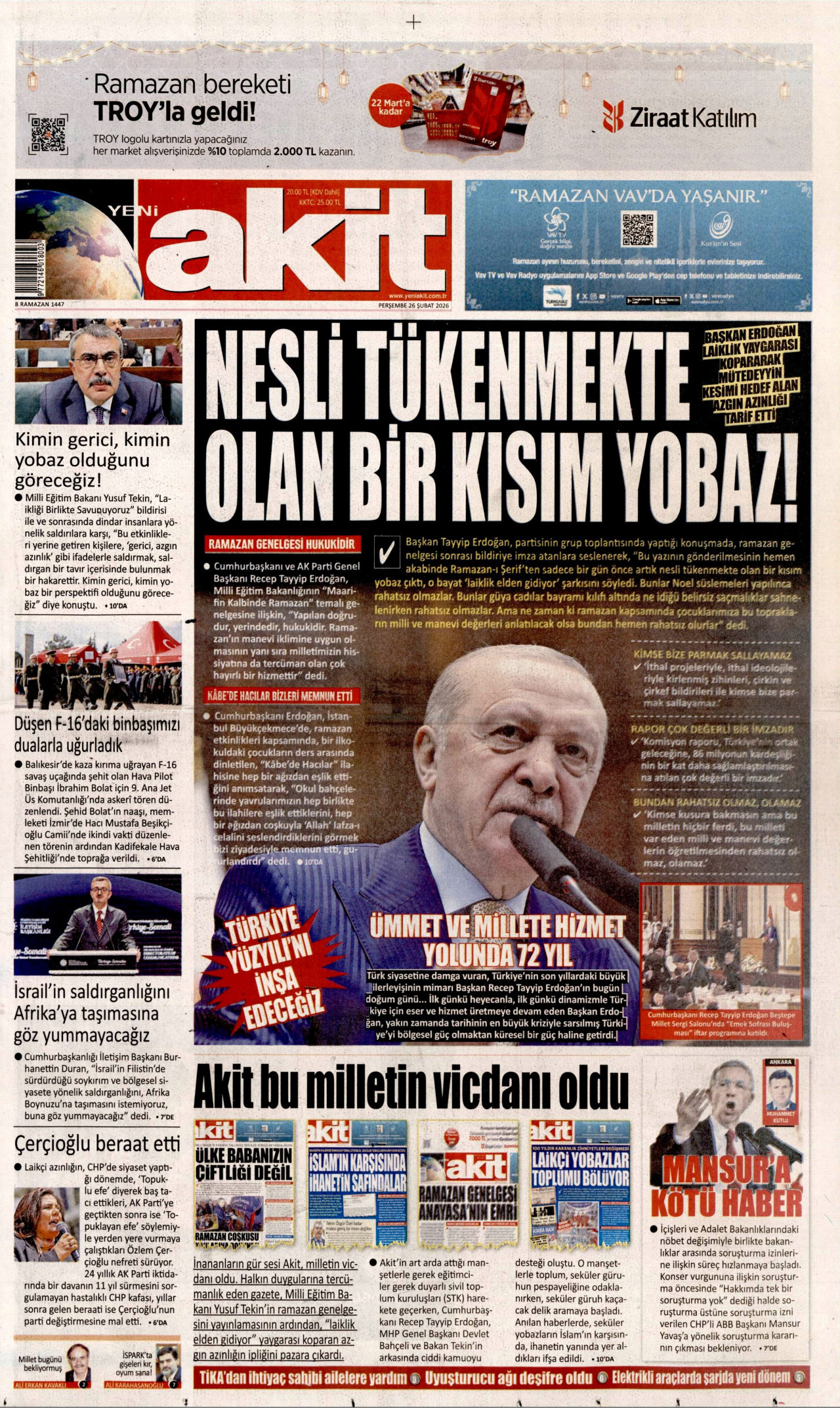 YENİ AKİT gazetesinin 26 Şubat 2026 tarihli birinci sayfası