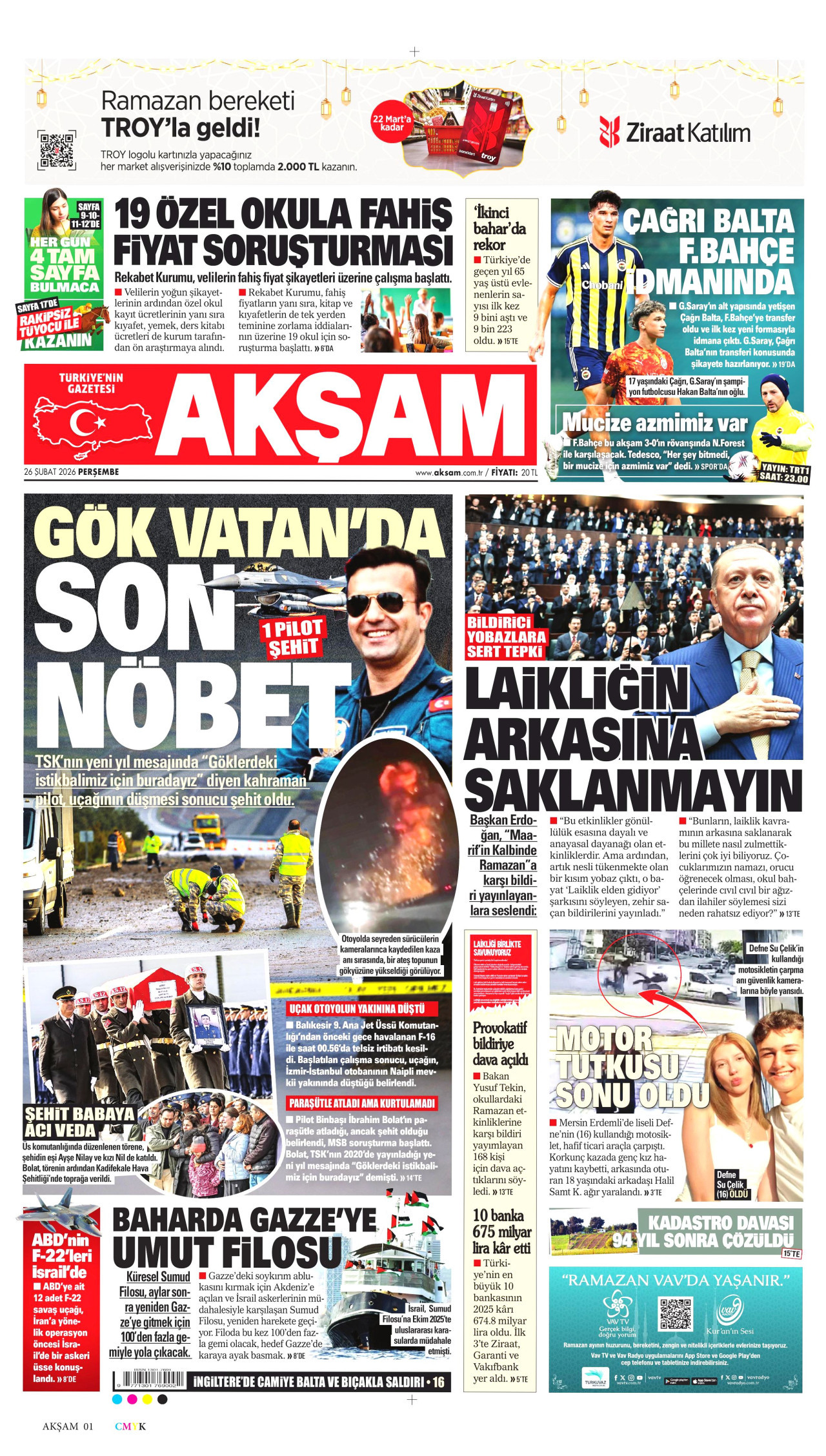 AKŞAM gazetesinin 26 Şubat 2026 tarihli birinci sayfası