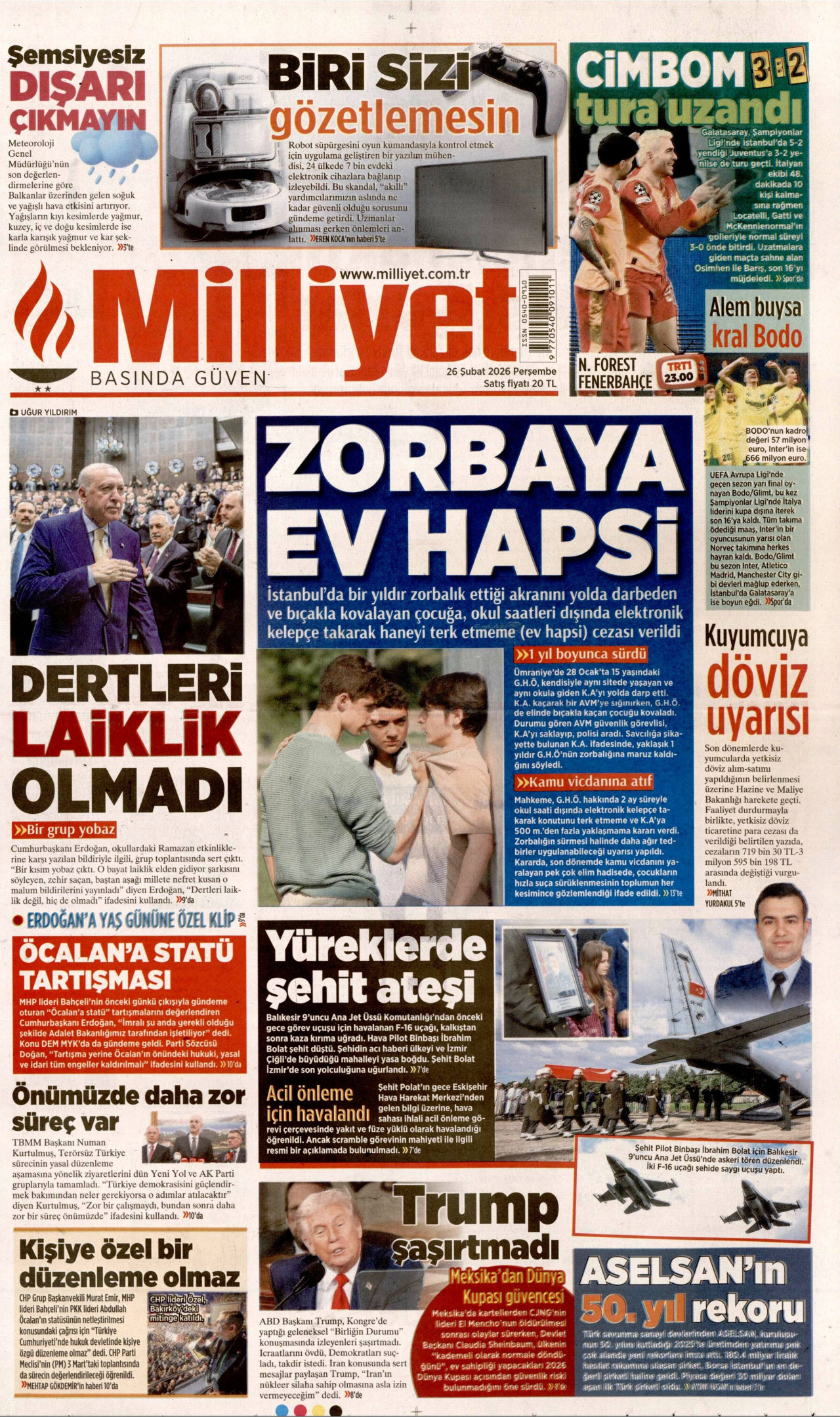 MİLLİYET gazetesinin 26 Şubat 2026 tarihli birinci sayfası
