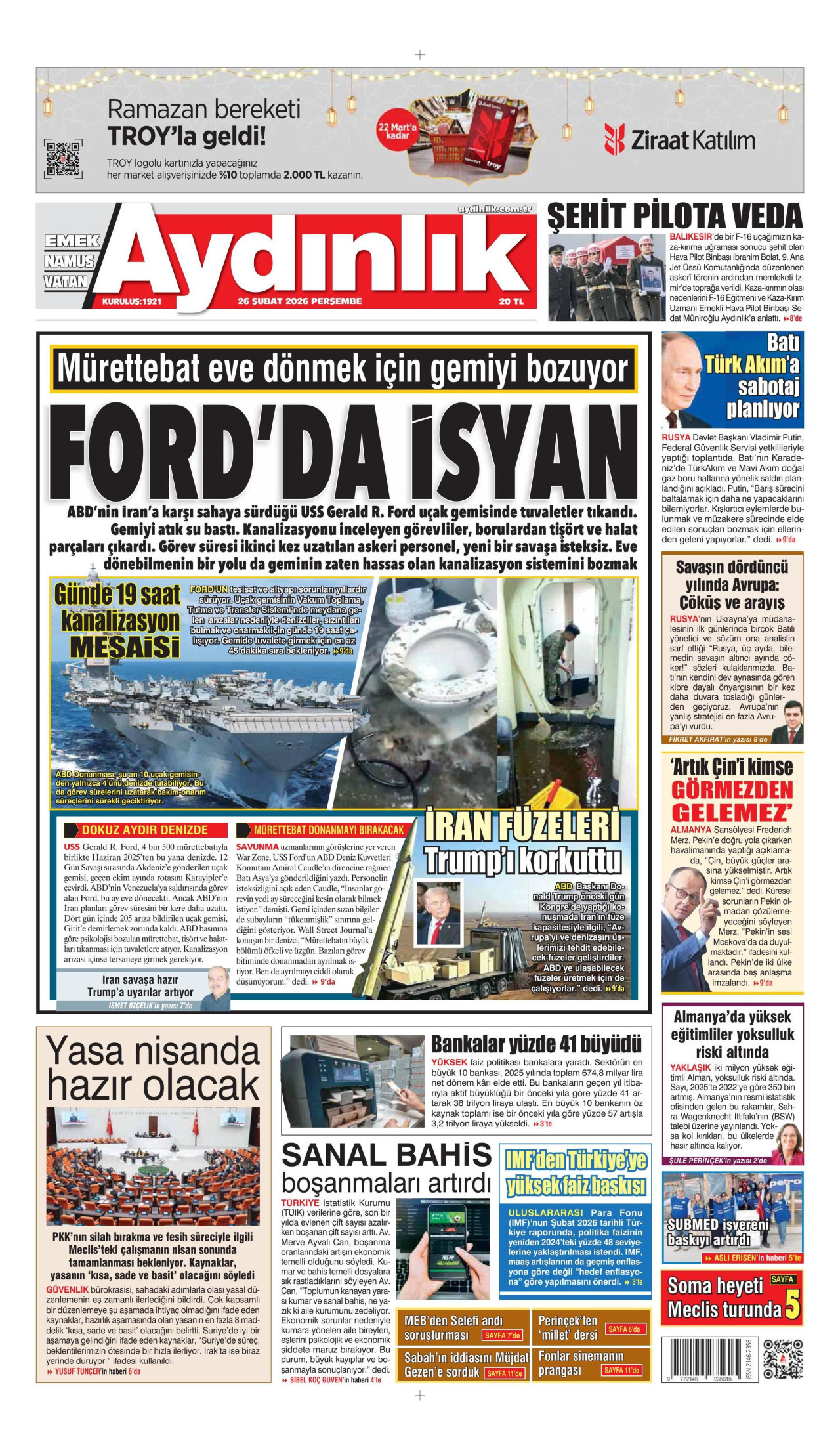 AYDINLIK GAZETESİ gazetesinin 26 Şubat 2026 tarihli birinci sayfası