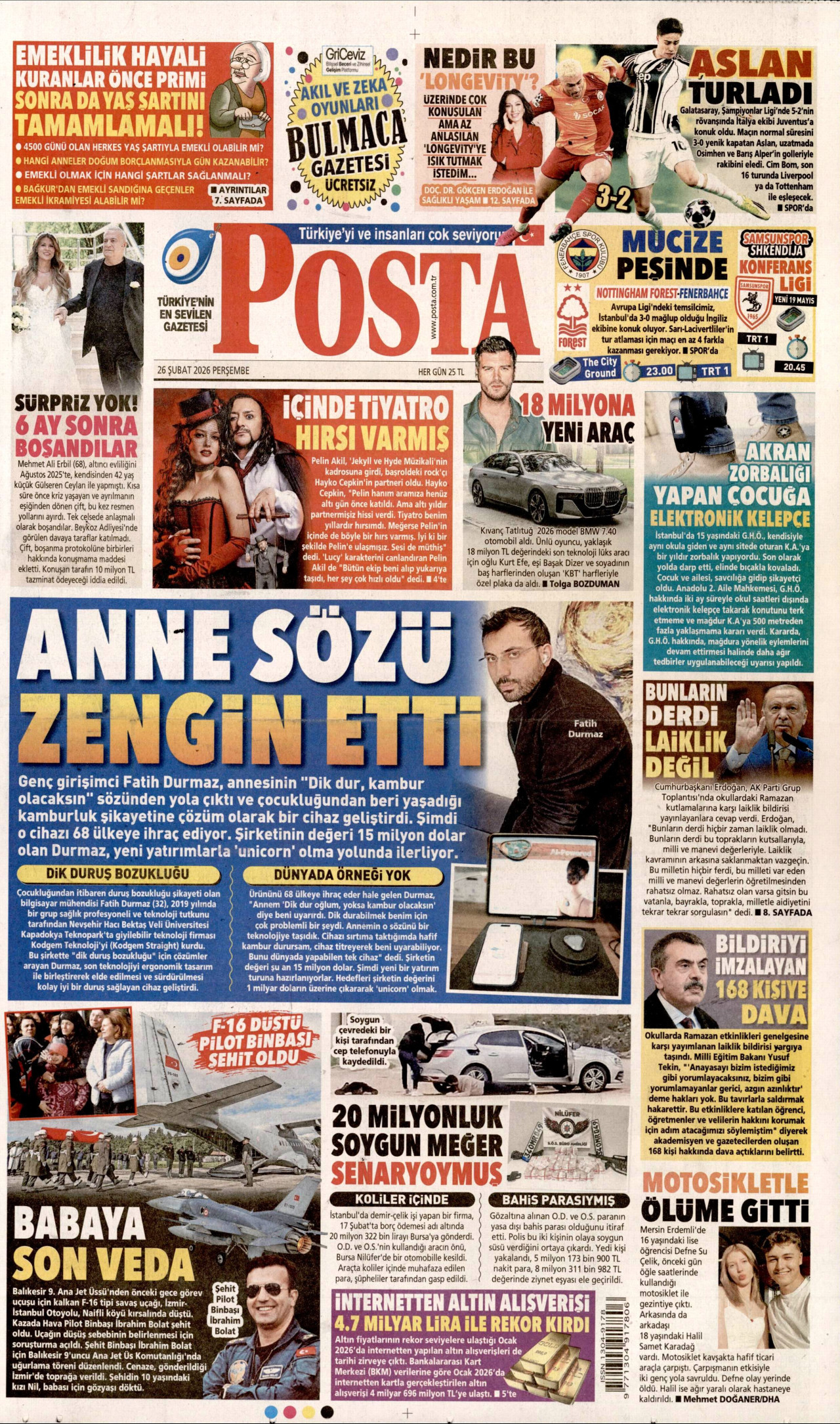 POSTA gazetesinin 26 Şubat 2026 tarihli birinci sayfası
