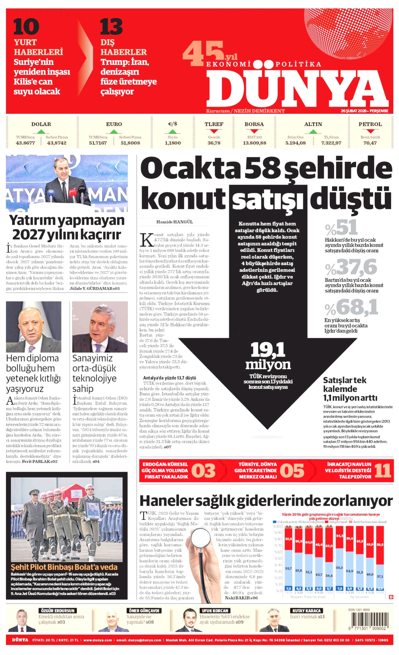 DÜNYA gazetesinin 26 Şubat 2026 tarihli birinci sayfası