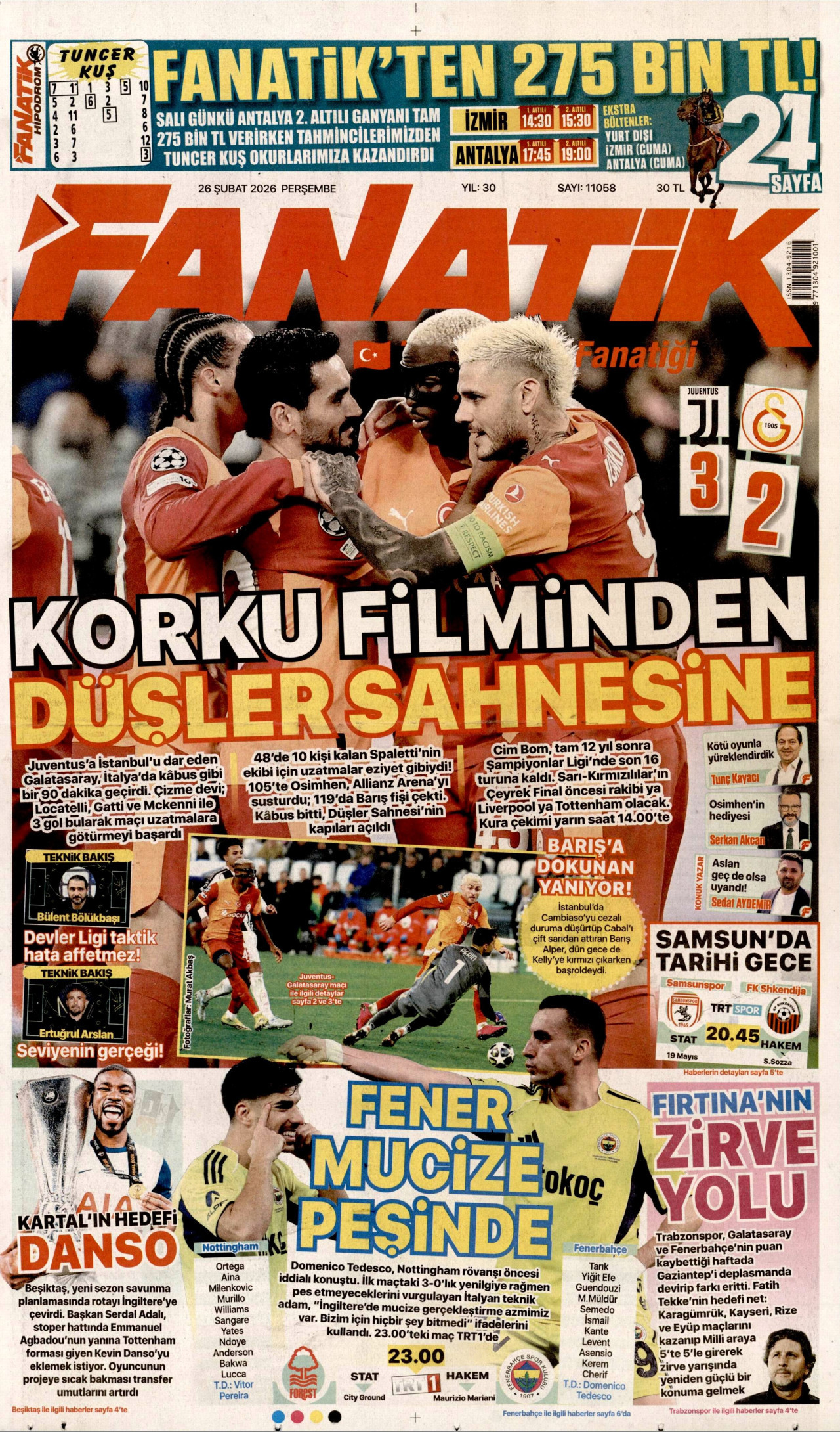 FANATİK gazetesinin 26 Şubat 2026 tarihli birinci sayfası