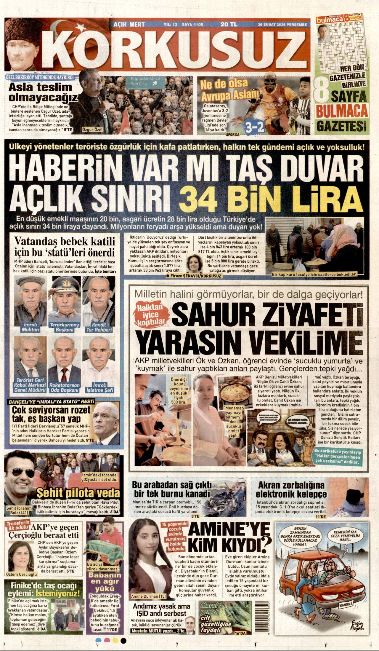 KORKUSUZ gazetesinin 26 Şubat 2026 tarihli birinci sayfası