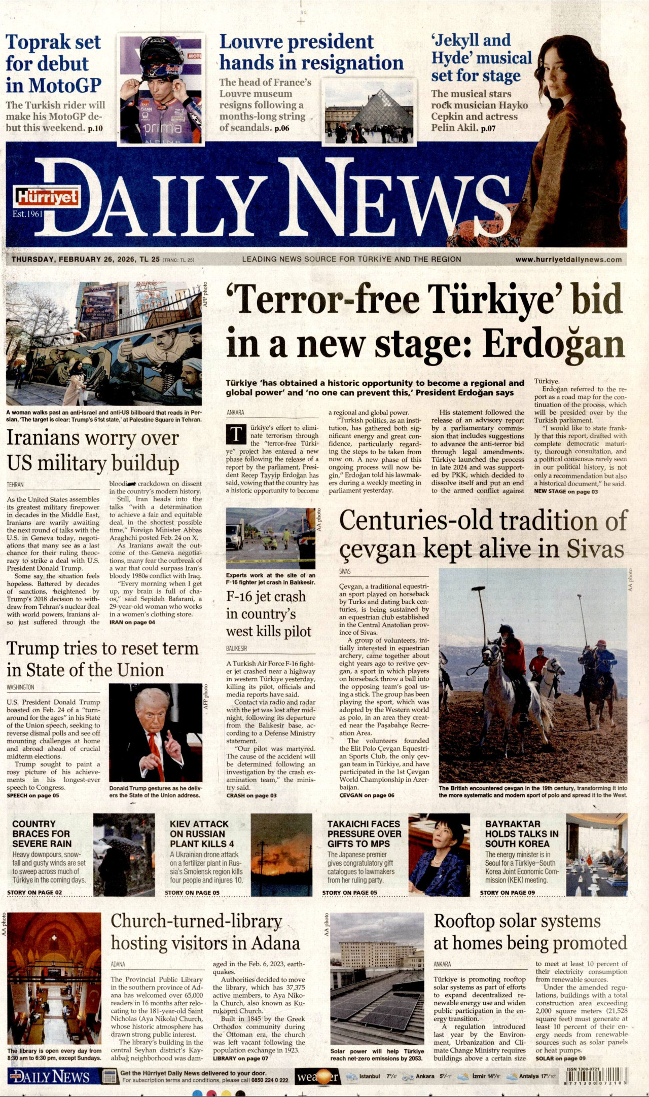 HÜRRİYET DAİLY NEWS gazetesinin 26 Şubat 2026 tarihli birinci sayfası
