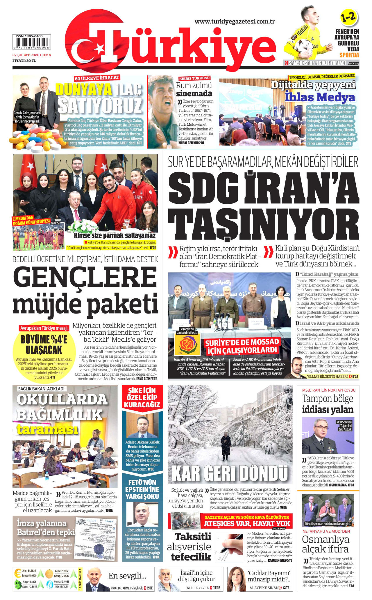 TÜRKİYE GAZETESİ gazetesinin 27 Şubat 2026 tarihli birinci sayfası